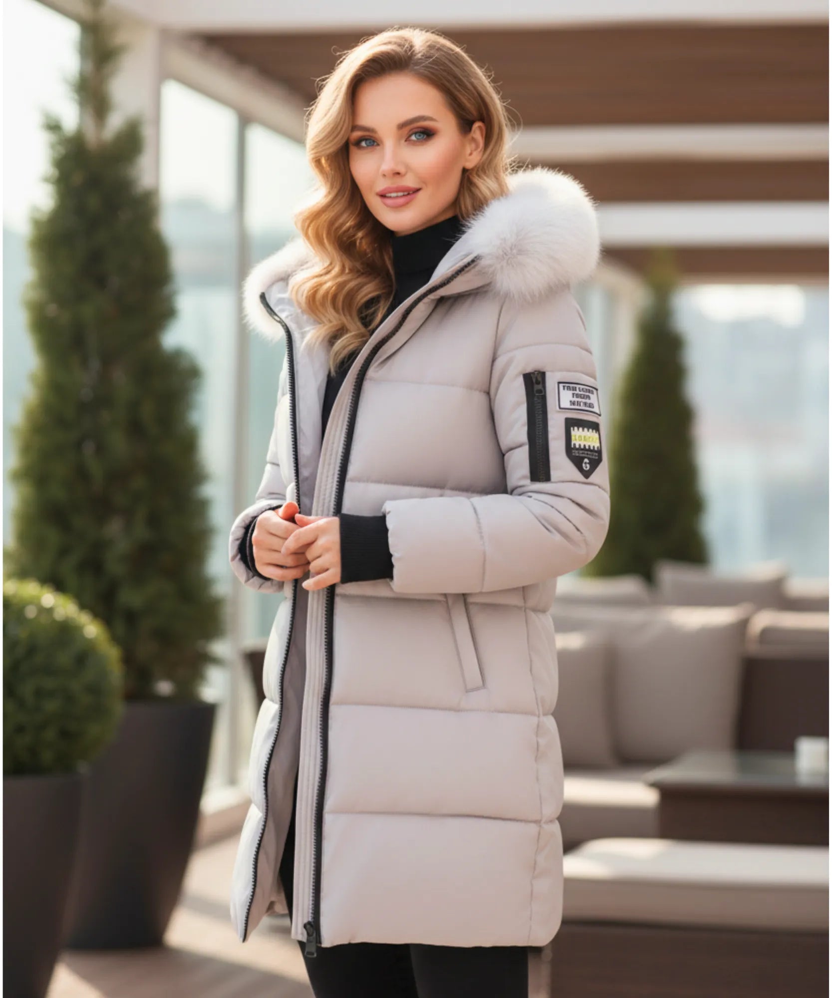 Woman wearing a long hooded parka coat in grey