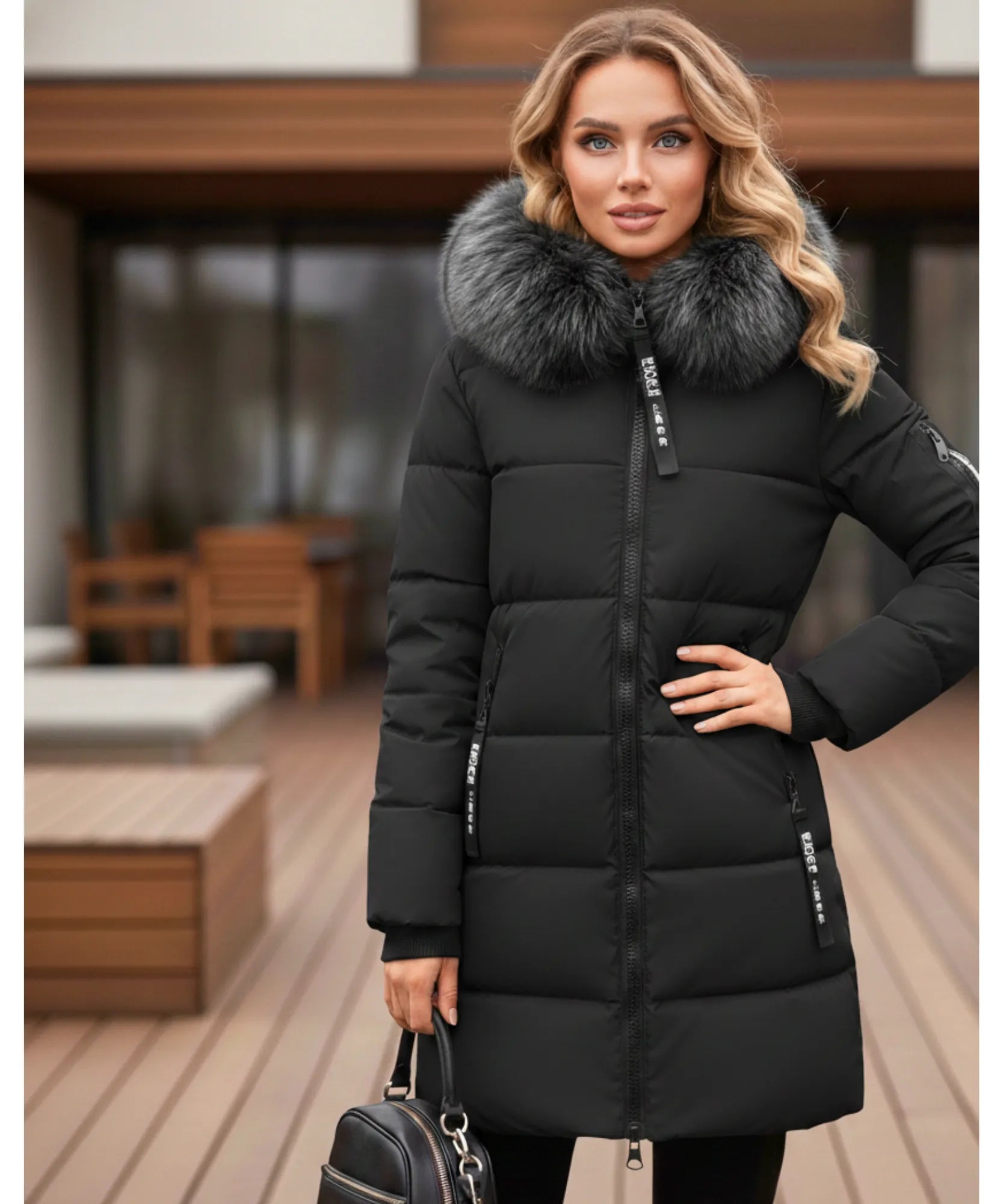 Full length view of the black hooded parka coat