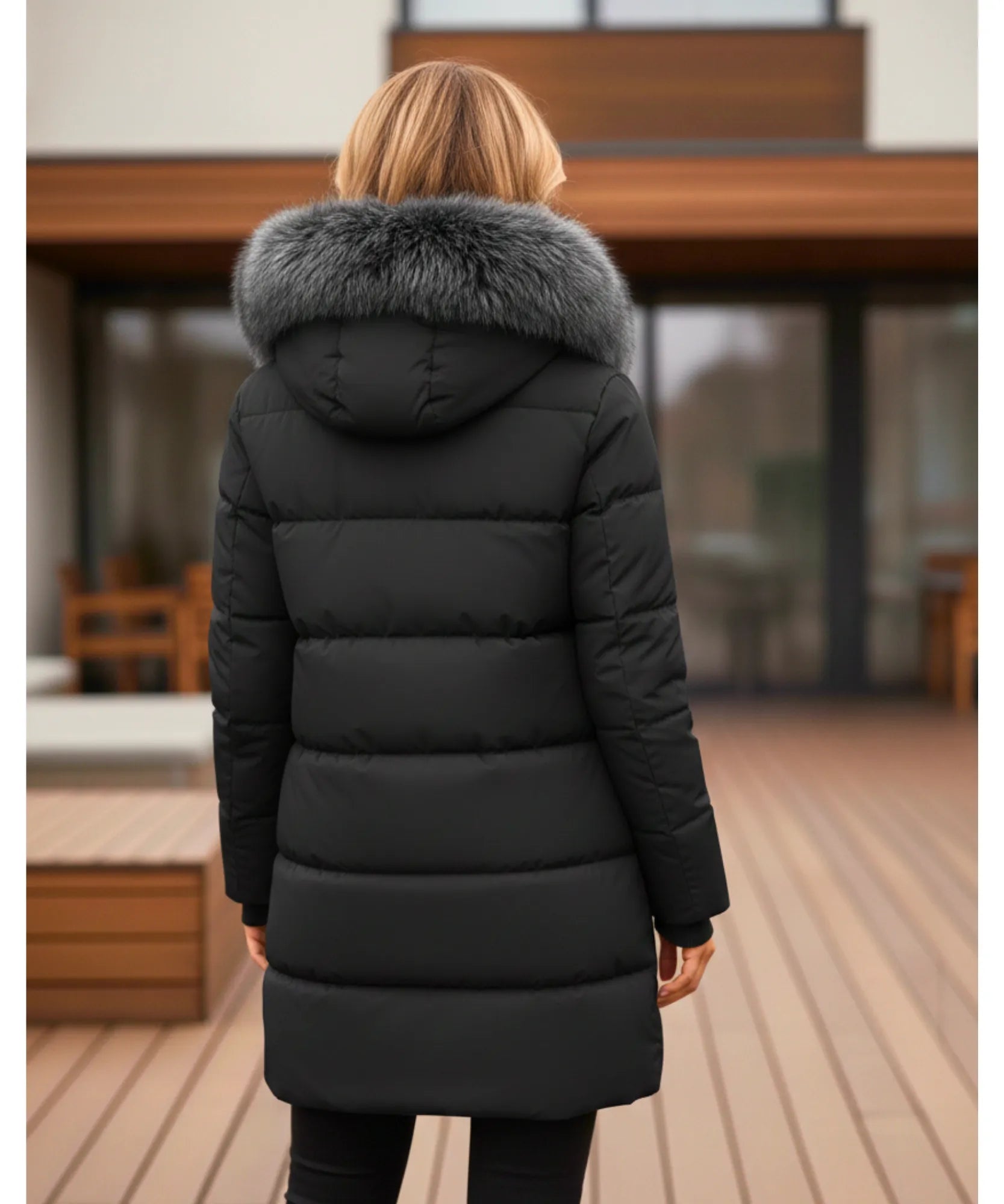 Close-up of the removable fur collar on the black parka coat