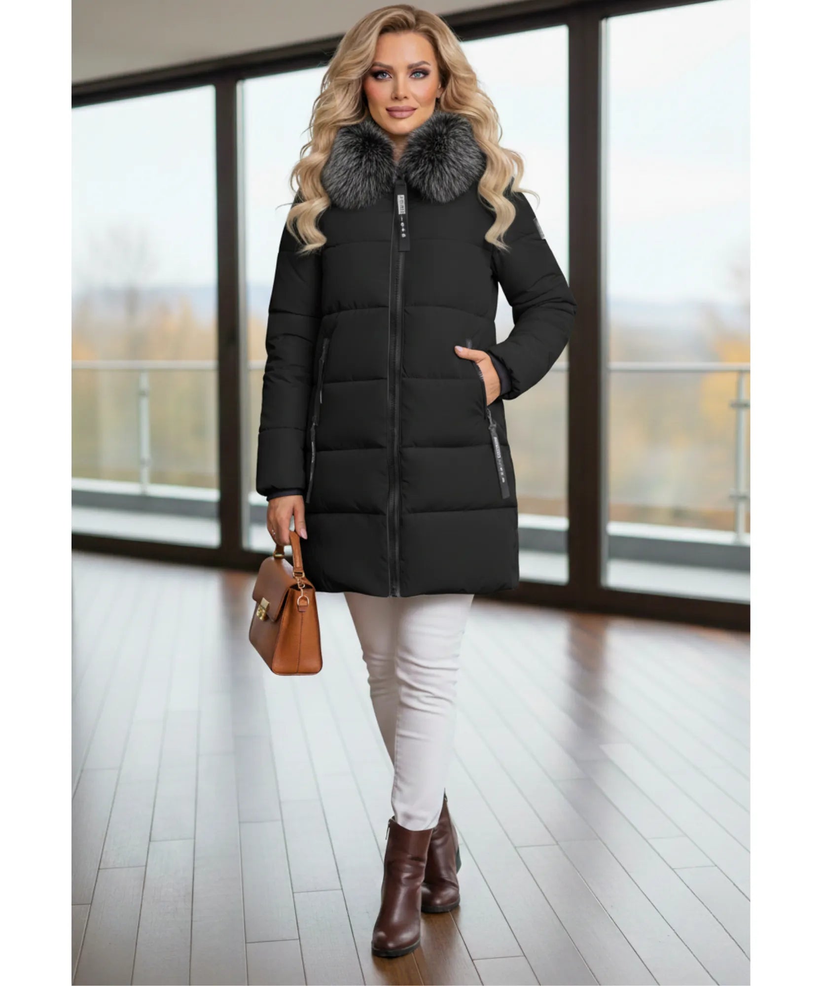 Woman styling the black hooded parka coat outdoors
