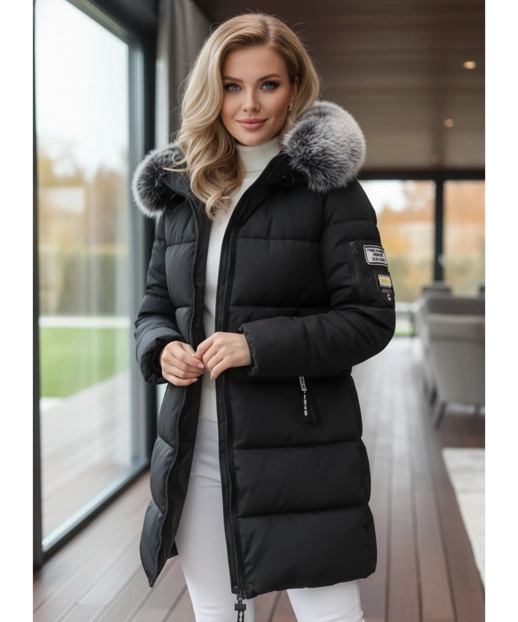 Woman wearing a long hooded parka coat in black