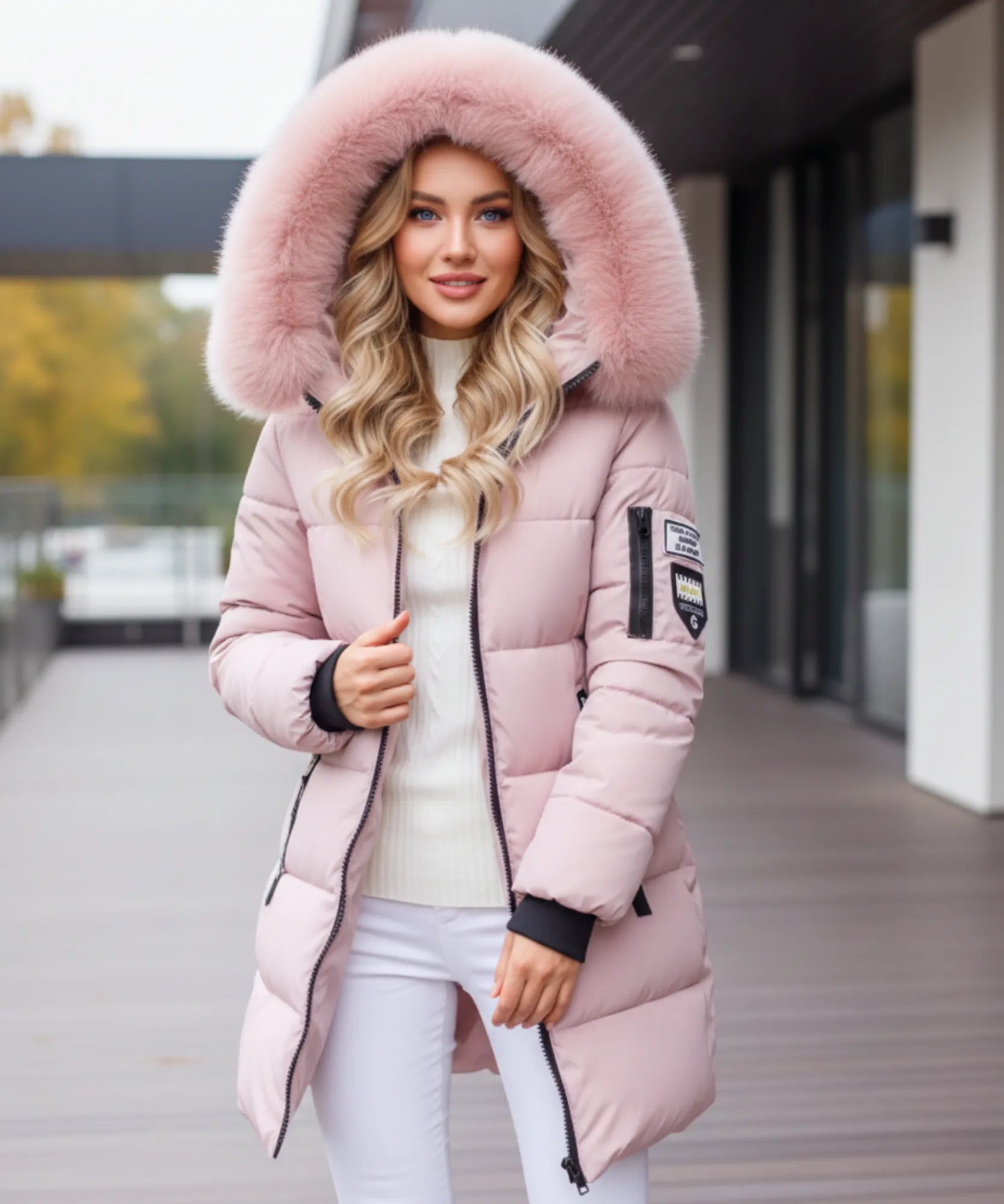 Woman wearing a long hooded parka coat in blush pink