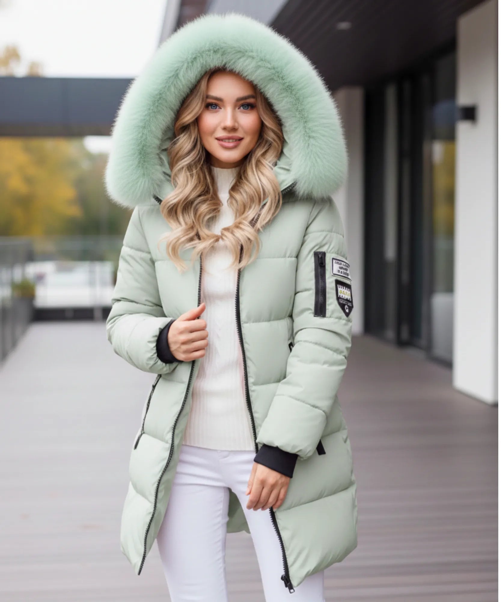 Front view of the olive green hooded parka coat
