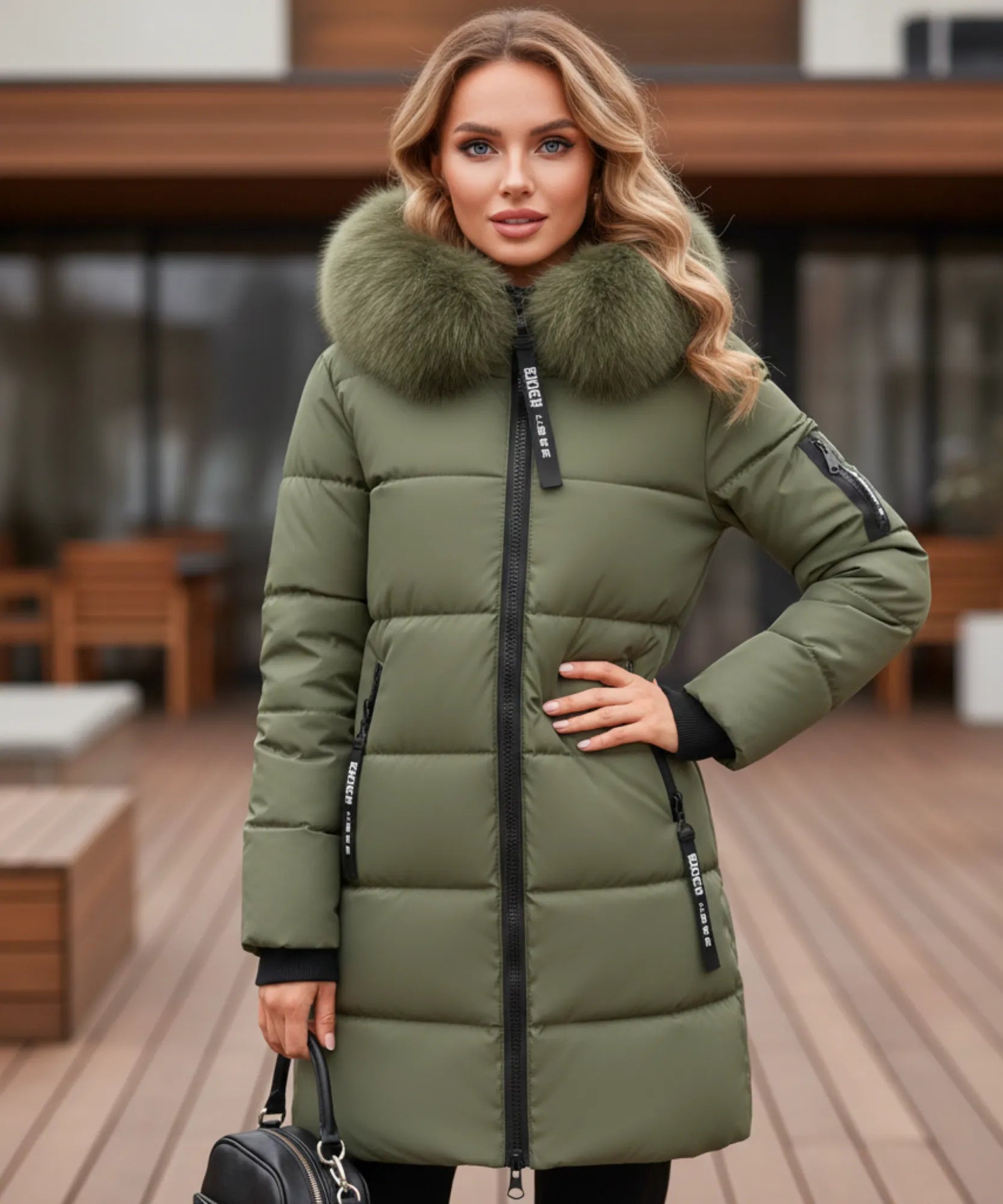 Woman wearing a long hooded parka coat in olive green
