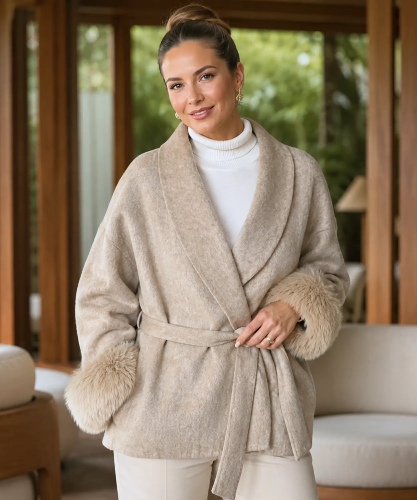 Women's Camel Belted Wool-Cashmere Wrap Coat, Styled Look