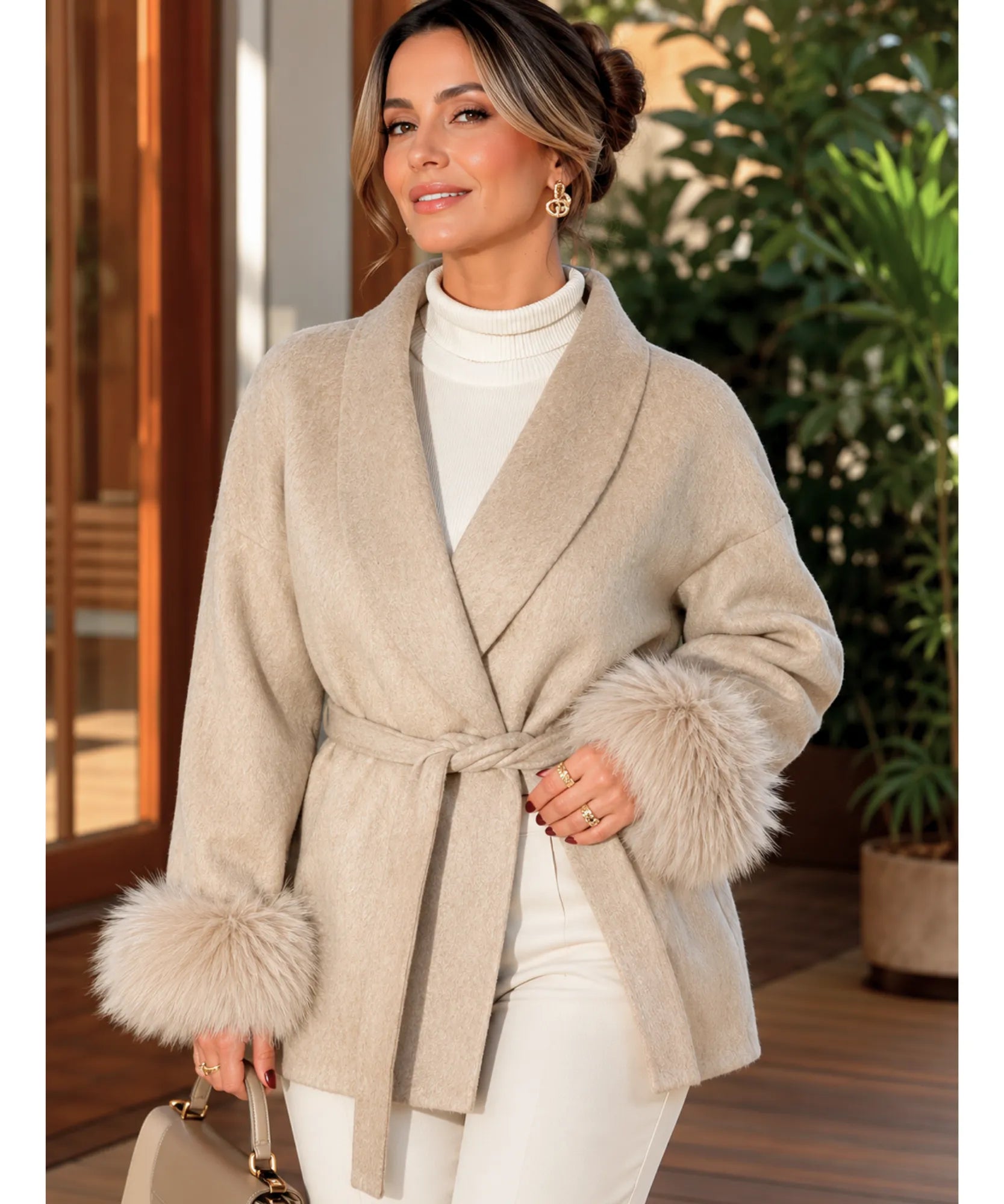Women's Camel Belted Wool-Cashmere Wrap Coat, Side View