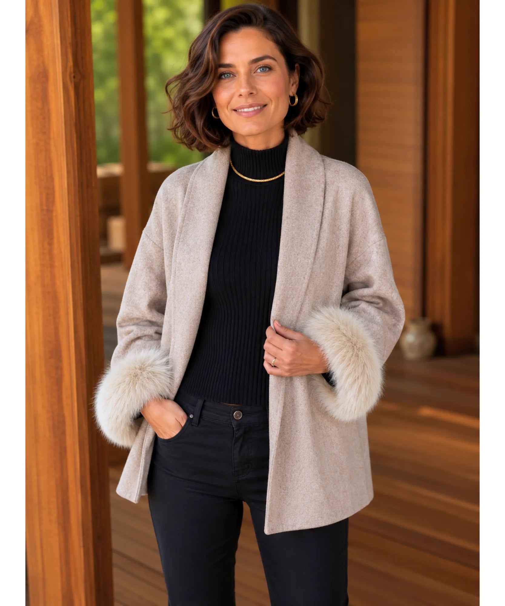 Women's Camel Belted Wool-Cashmere Wrap Coat, Back View