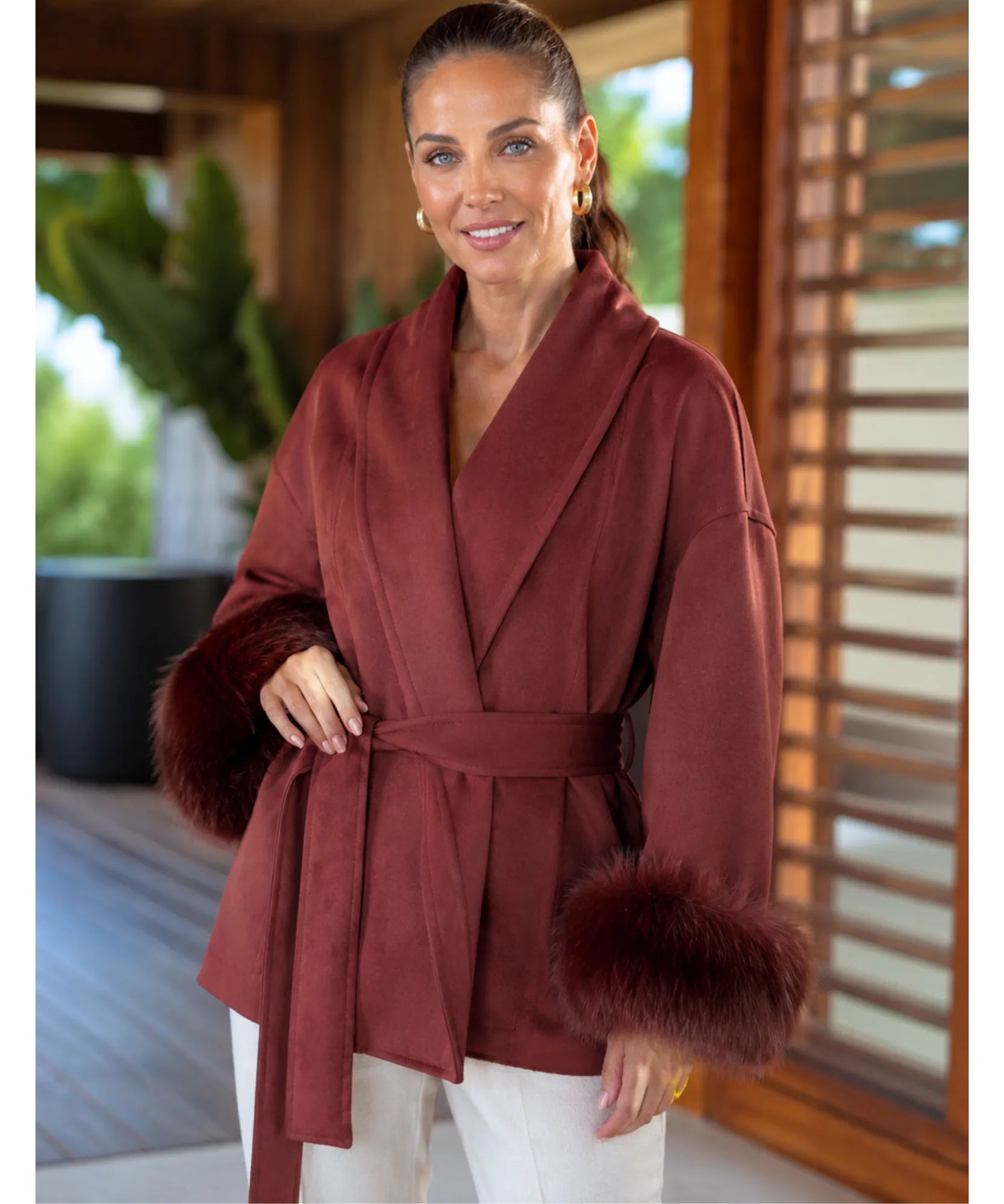 Women's Camel Belted Wool-Cashmere Wrap Coat