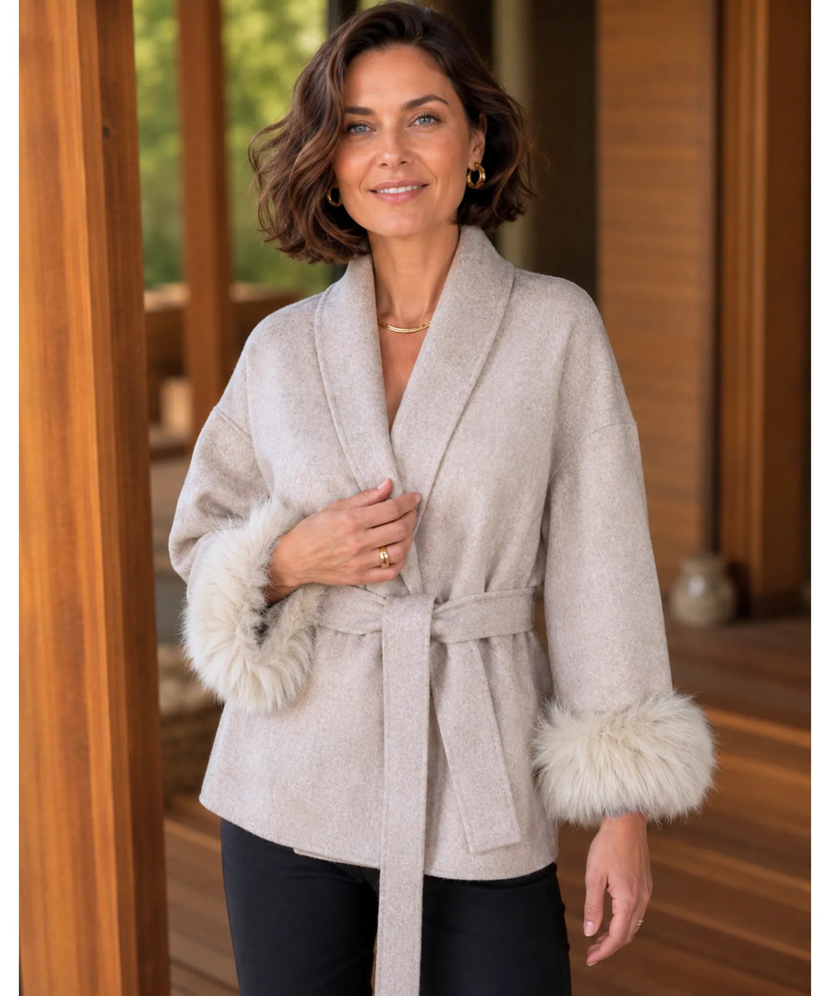 Women's Camel Belted Wool-Cashmere Wrap Coat, Front View