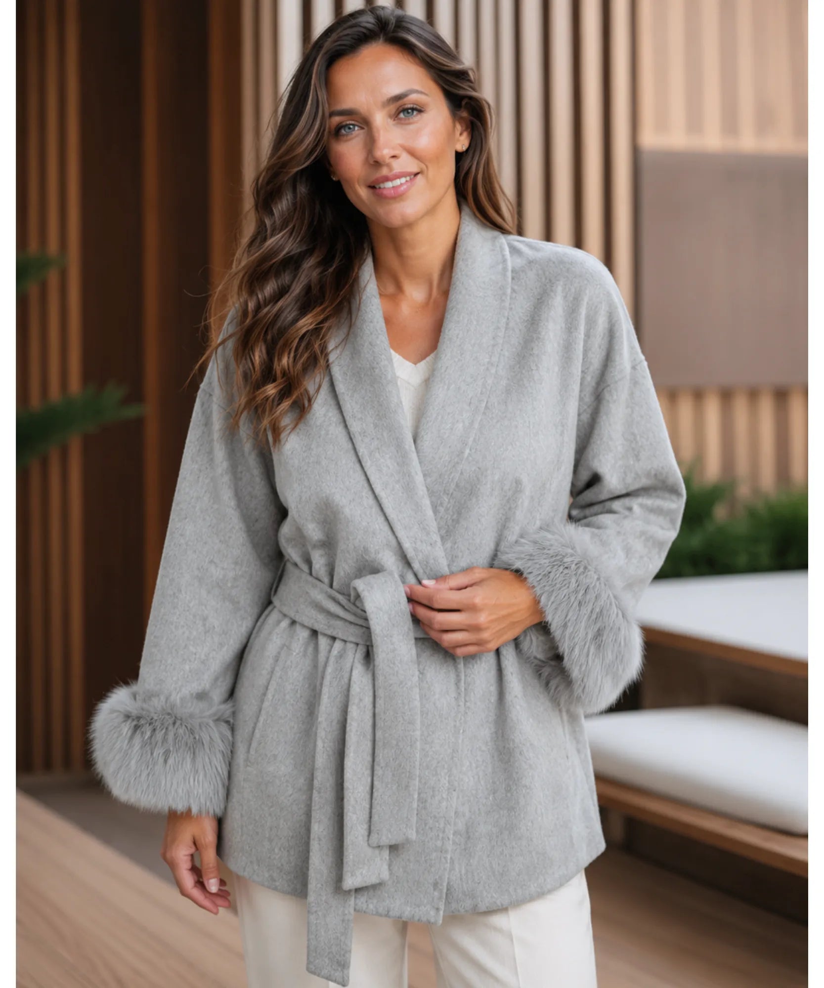 Women's Grey Belted Wool-Cashmere Wrap Coat, Styled Look