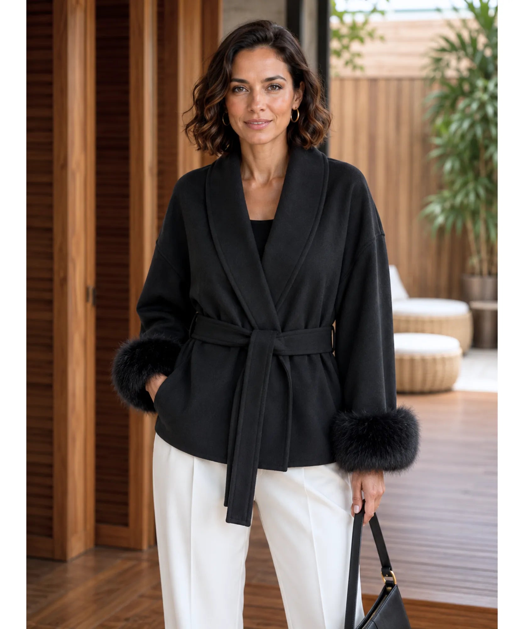 Women's Black Belted Wool-Cashmere Wrap Coat, Styled Look