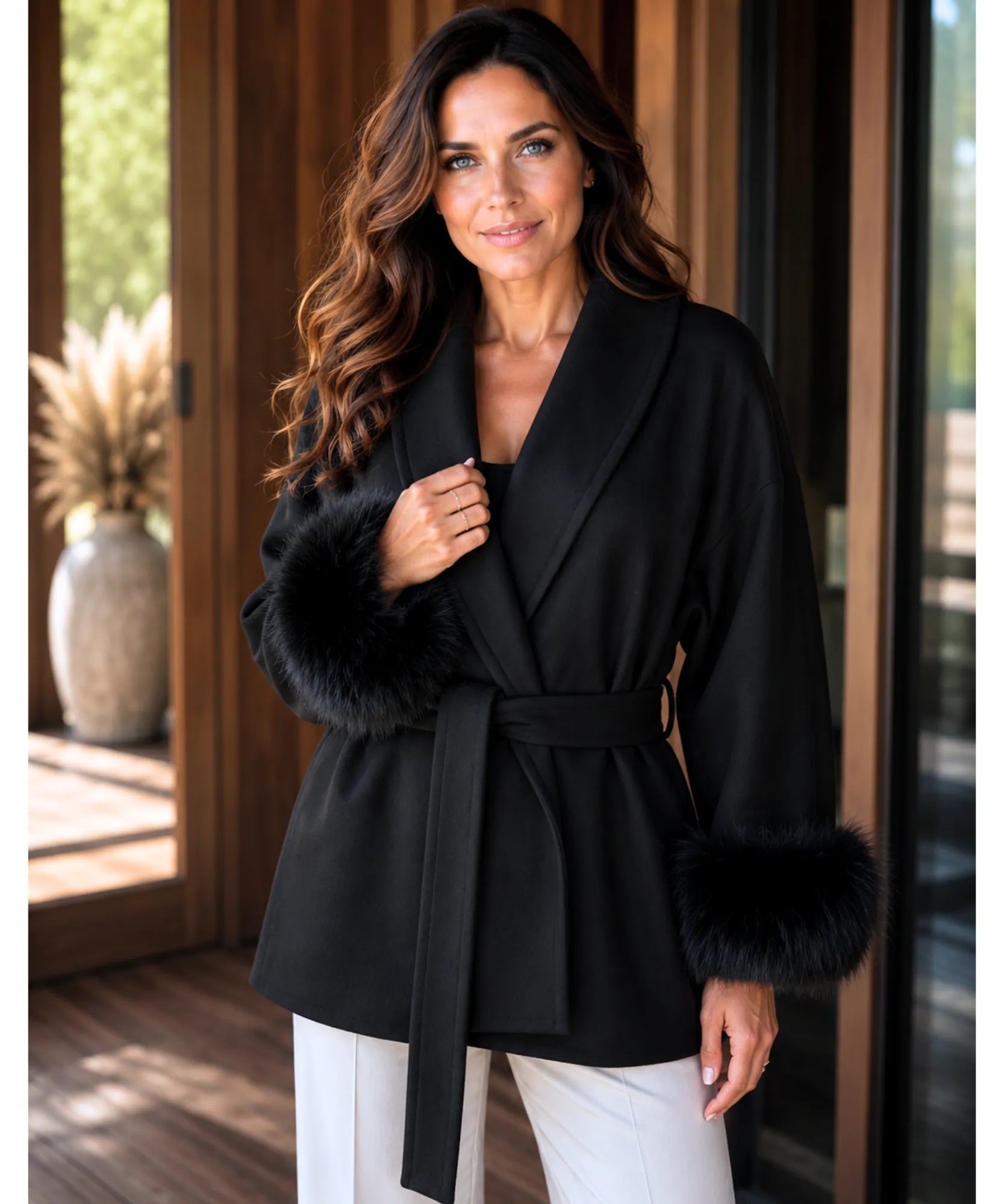 Women's Black Belted Wool-Cashmere Wrap Coat, Front View