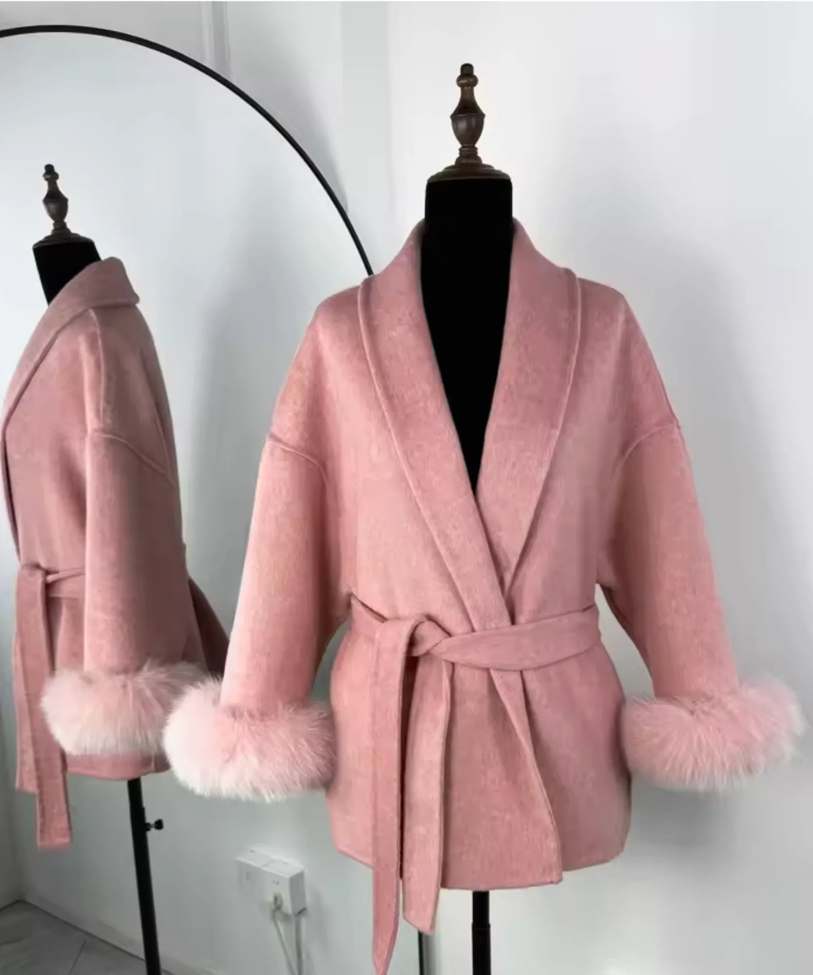 Women's Pink Belted Wool-Cashmere Wrap Coat, Detail View