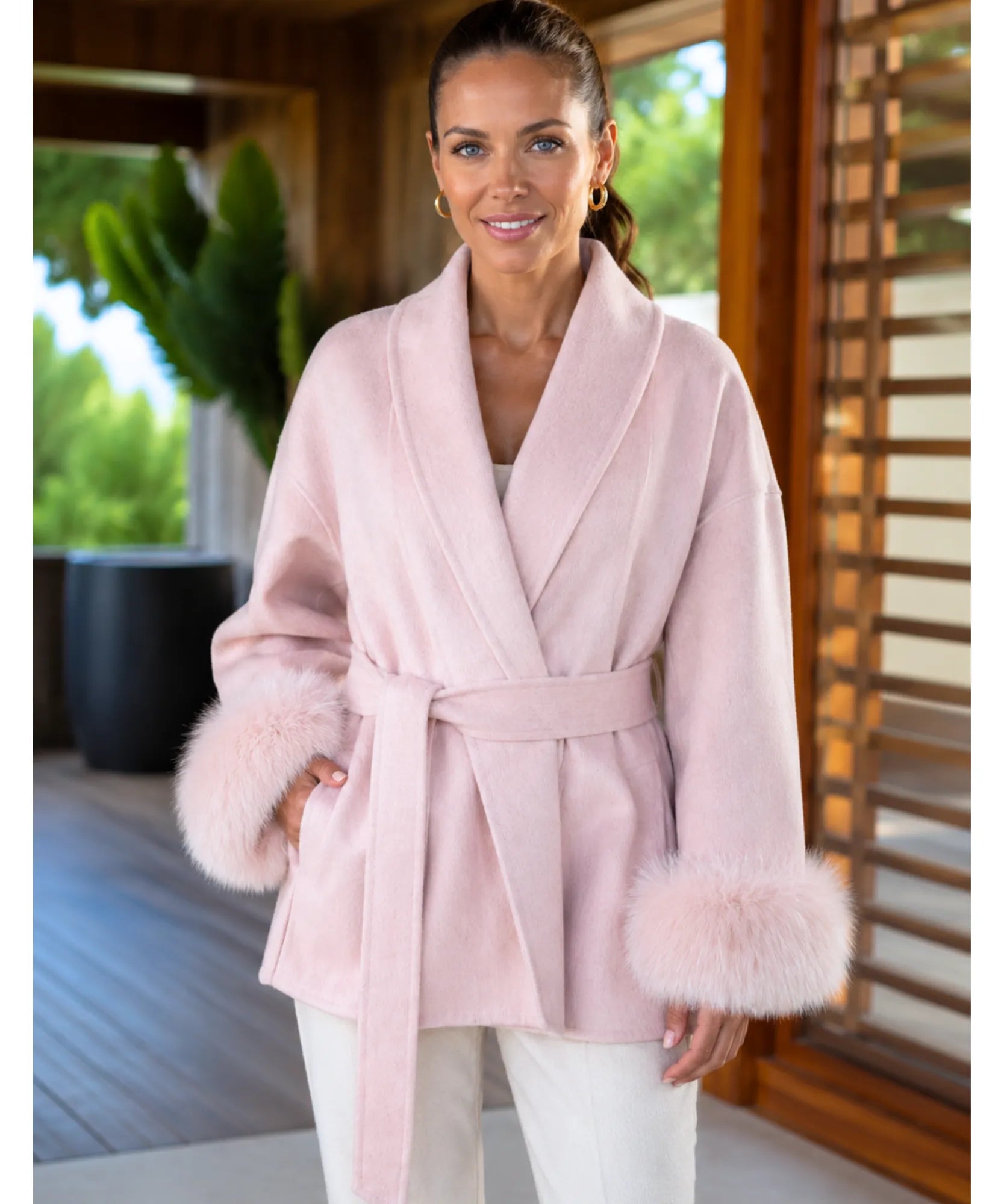 Women's Pink Belted Wool-Cashmere Wrap Coat, Styled Look