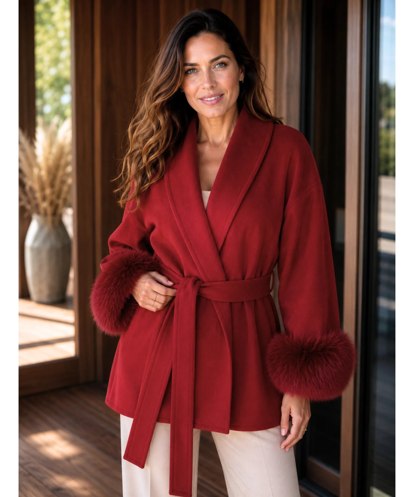 Women's Burgundy Belted Wool-Cashmere Wrap Coat