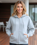 Women's light grey fleece zip up hoodie with drawstring hood, front view