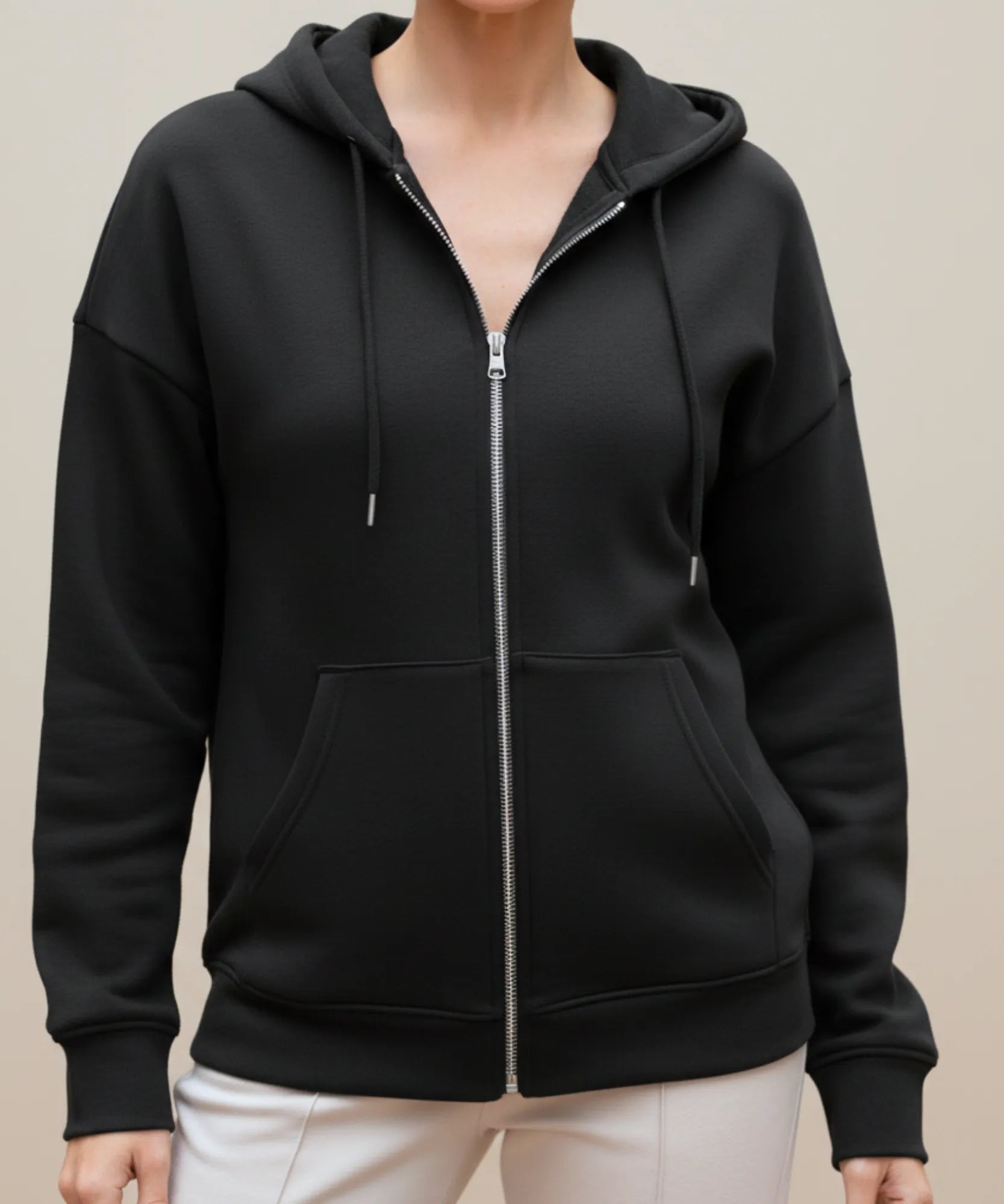 Women's black fleece zip up hoodie with front pockets and ribbed cuffs