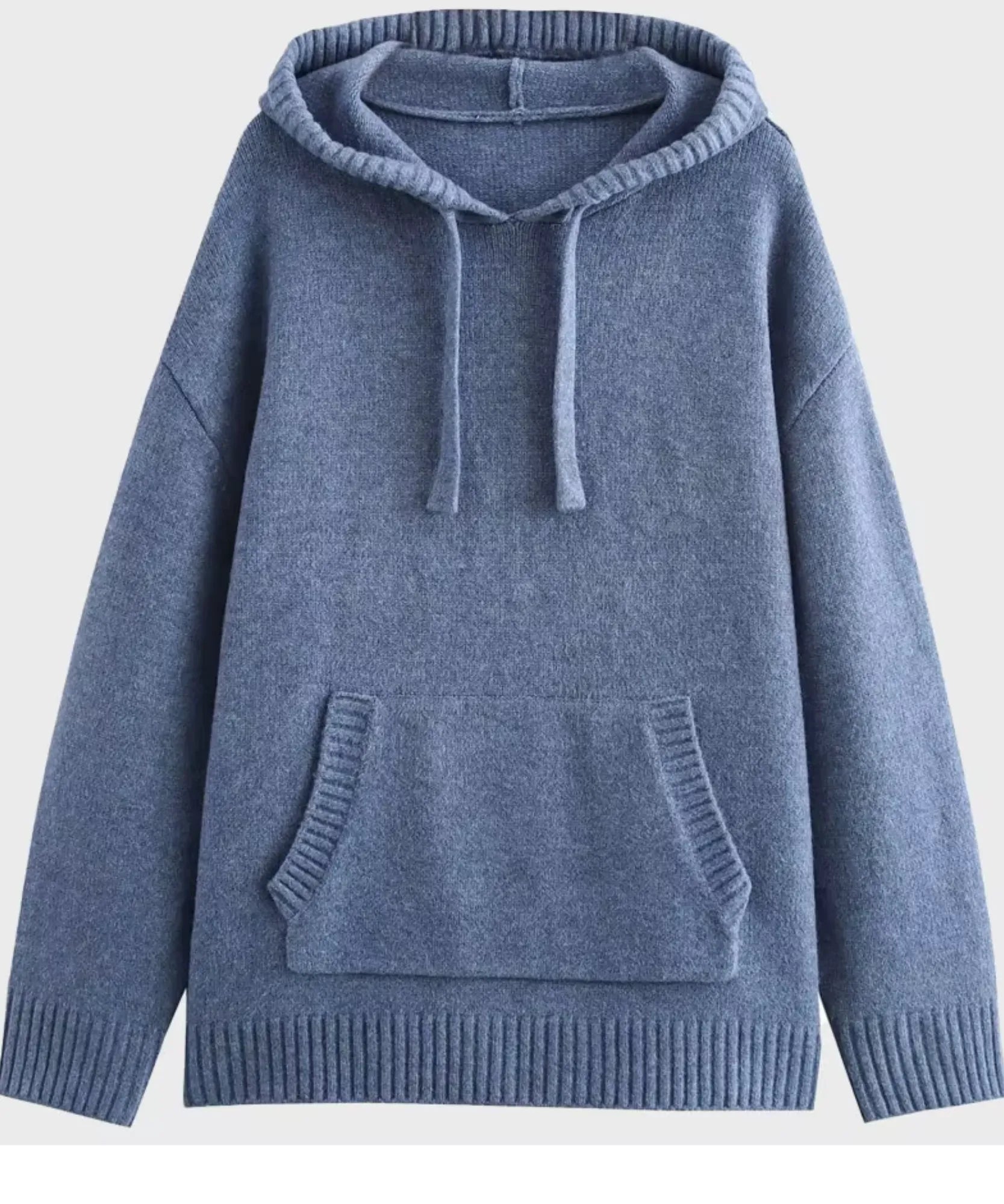 Women's dusty blue knit hooded sweater flat lay with kangaroo pocket