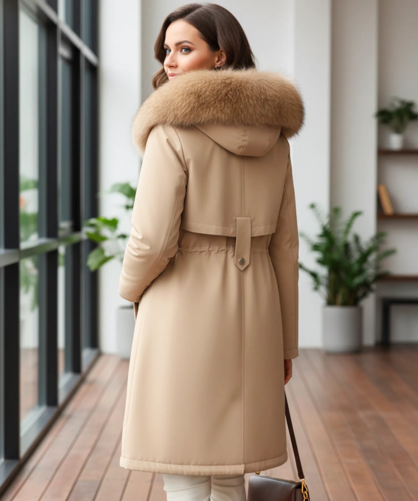Front view of the camel long parka coat