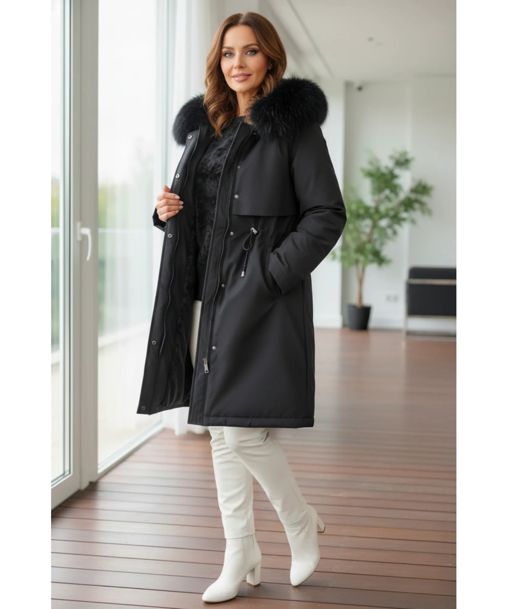 Full length view of the black long parka coat
