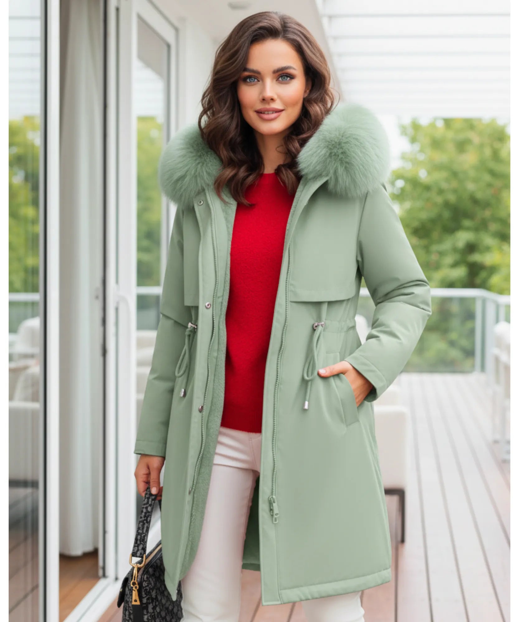 Back view of the sage green long parka coat