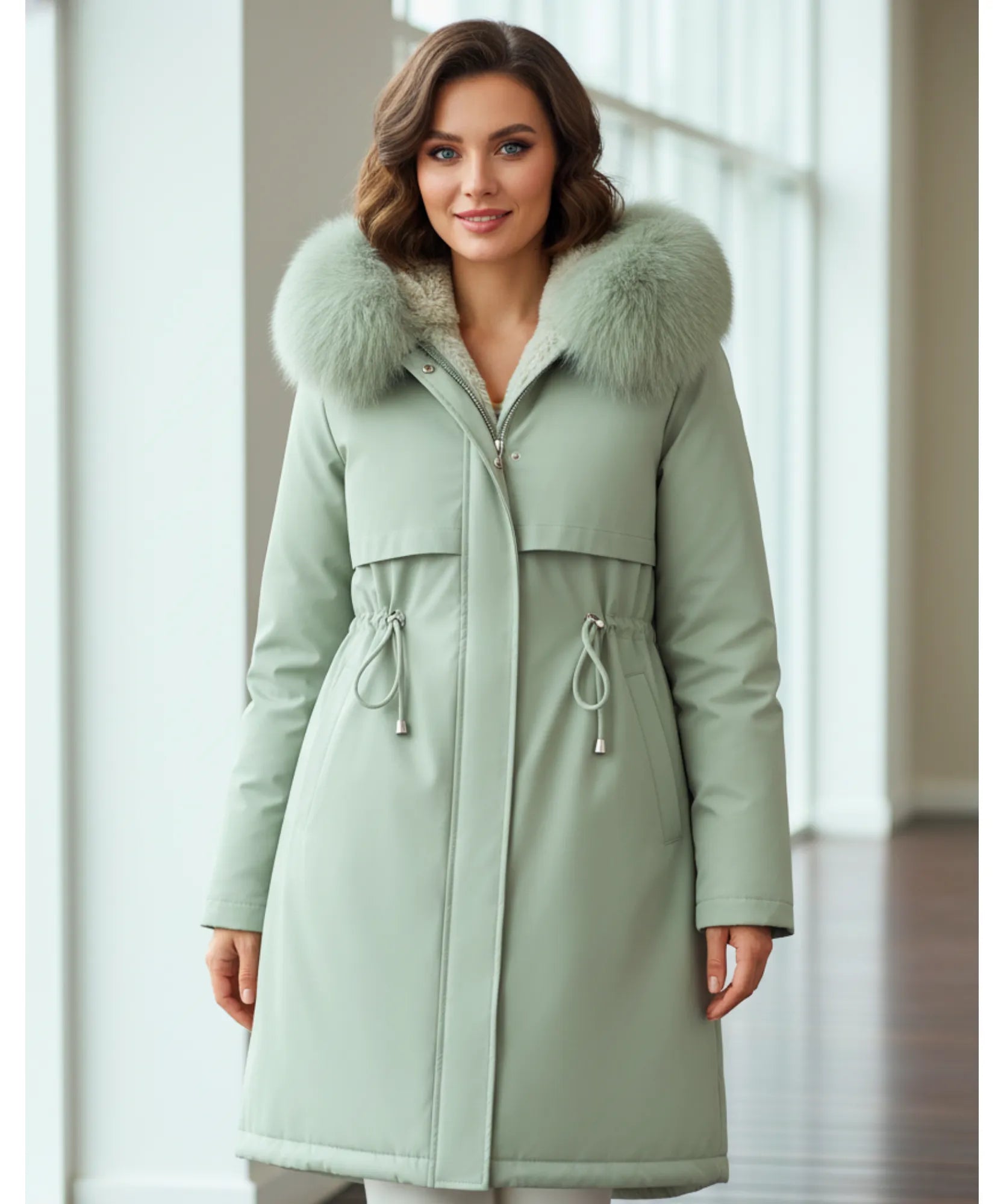 Woman wearing a long parka coat in sage green