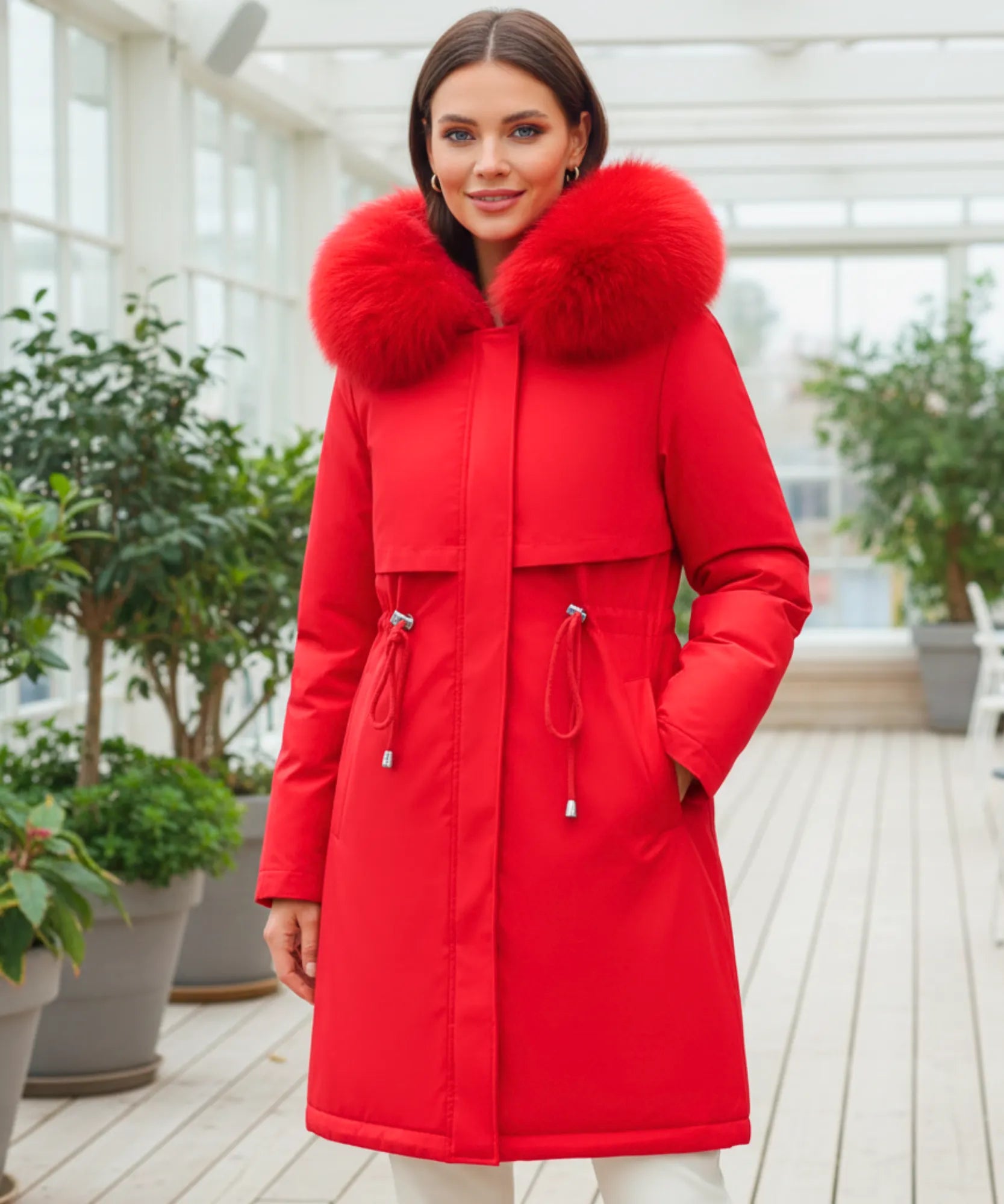 Close-up of the red parka coat fur trim hood