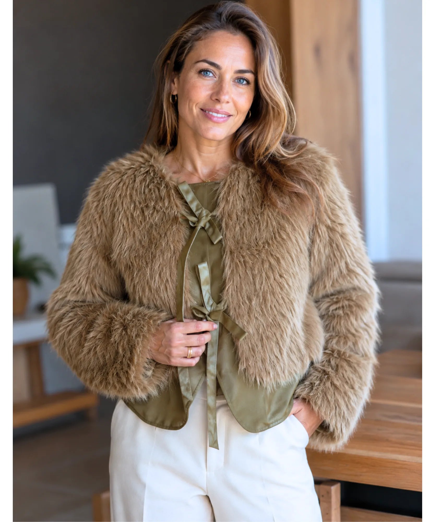 Women's short fur jacket in camel, front view
