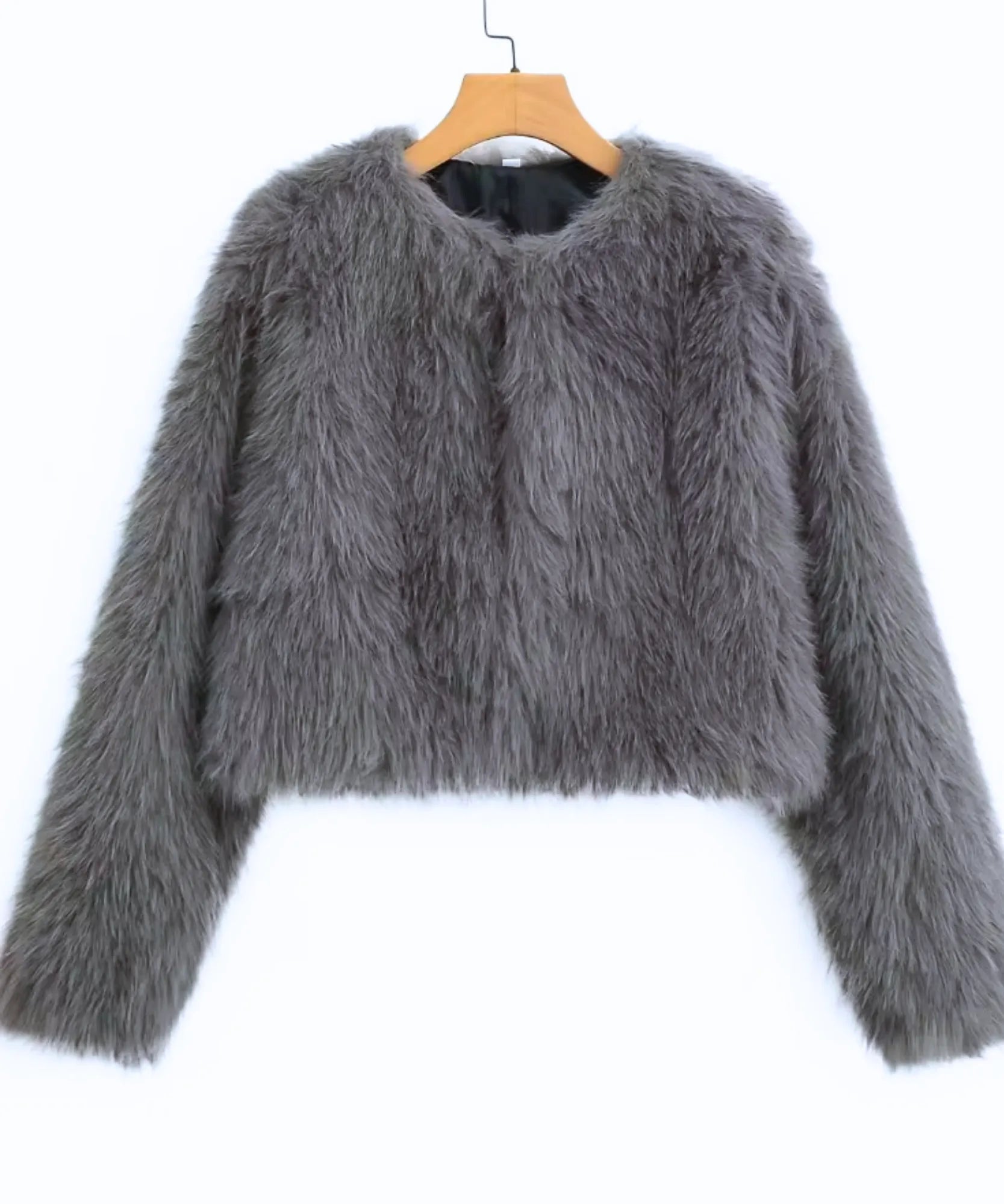 Women's short vegan fur jacket in grey