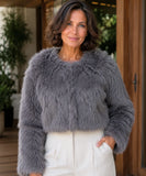 Women's short vegan fur jacket in grey