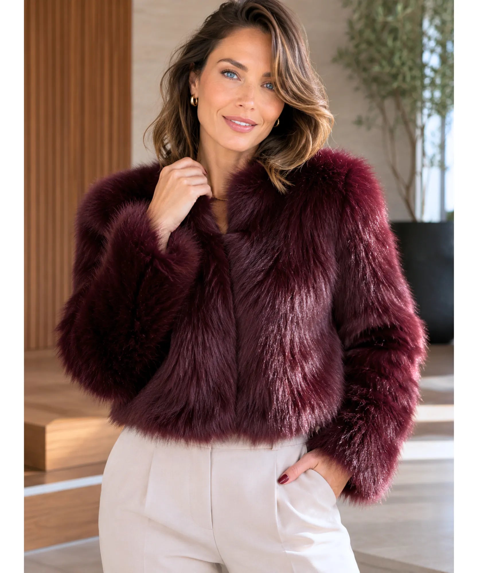 Women's short vegan fur jacket in burgundy