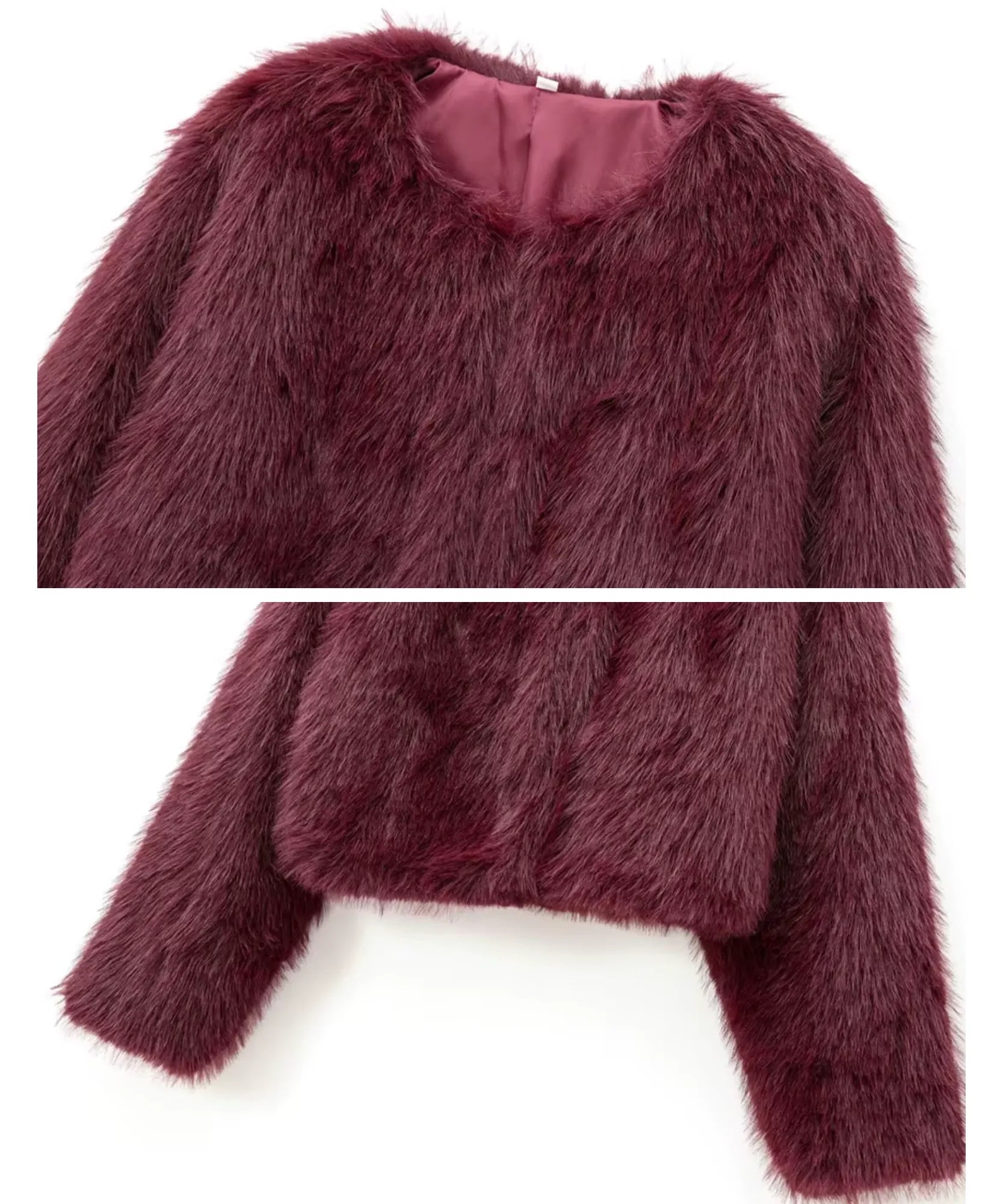 Women's short vegan fur jacket in burgundy