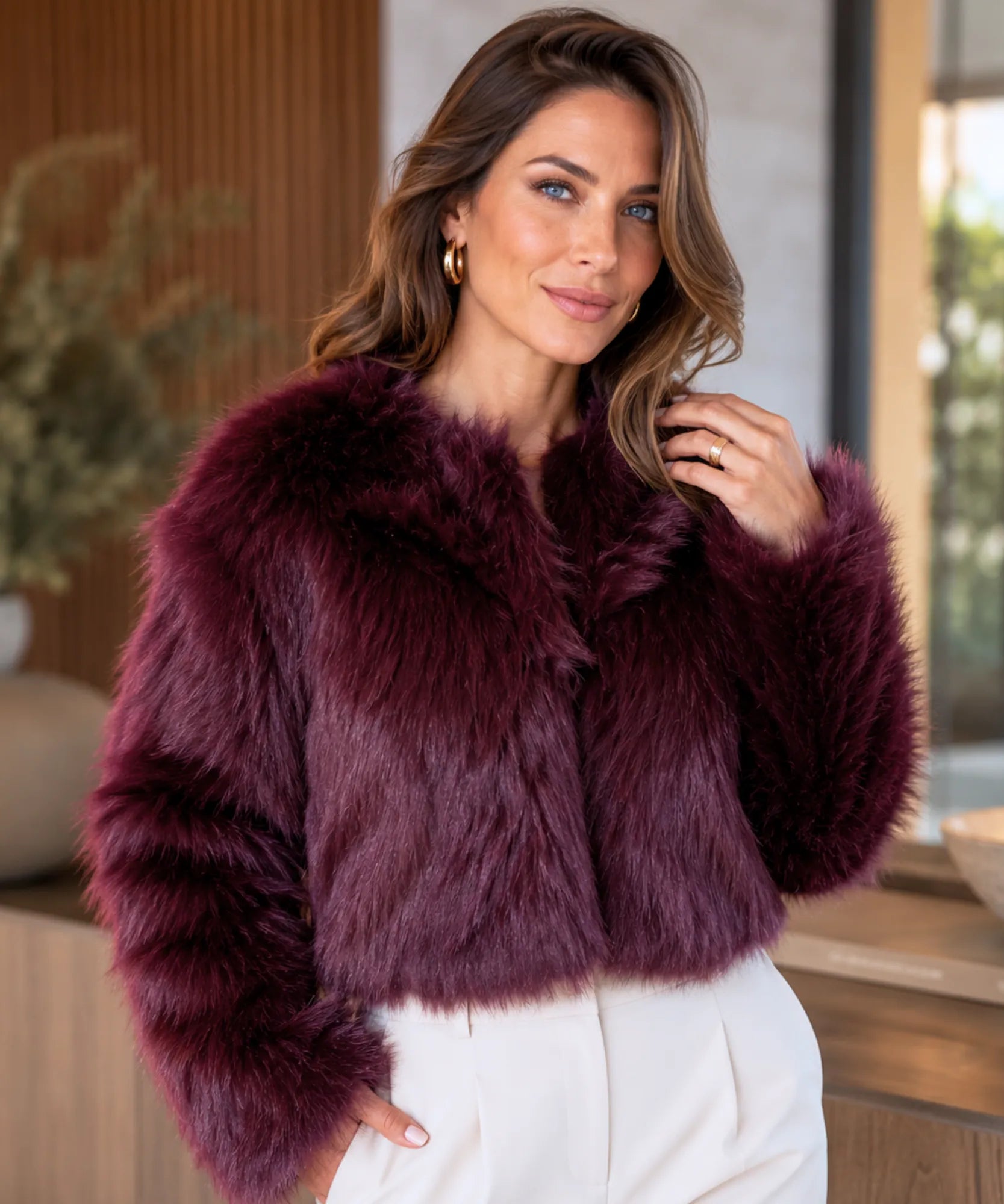 Women's short vegan fur jacket in burgundy