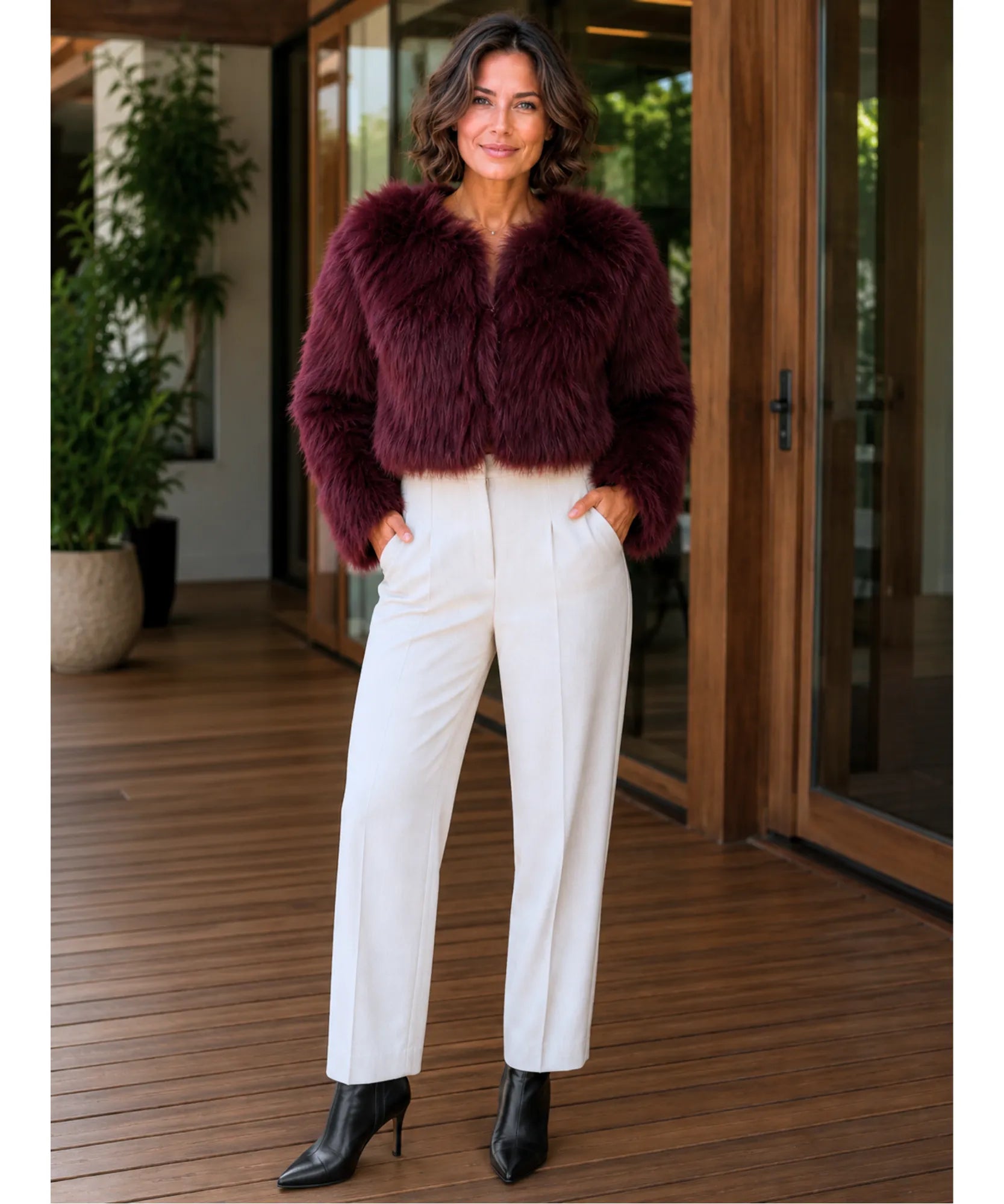 Women's short vegan fur jacket in burgundy