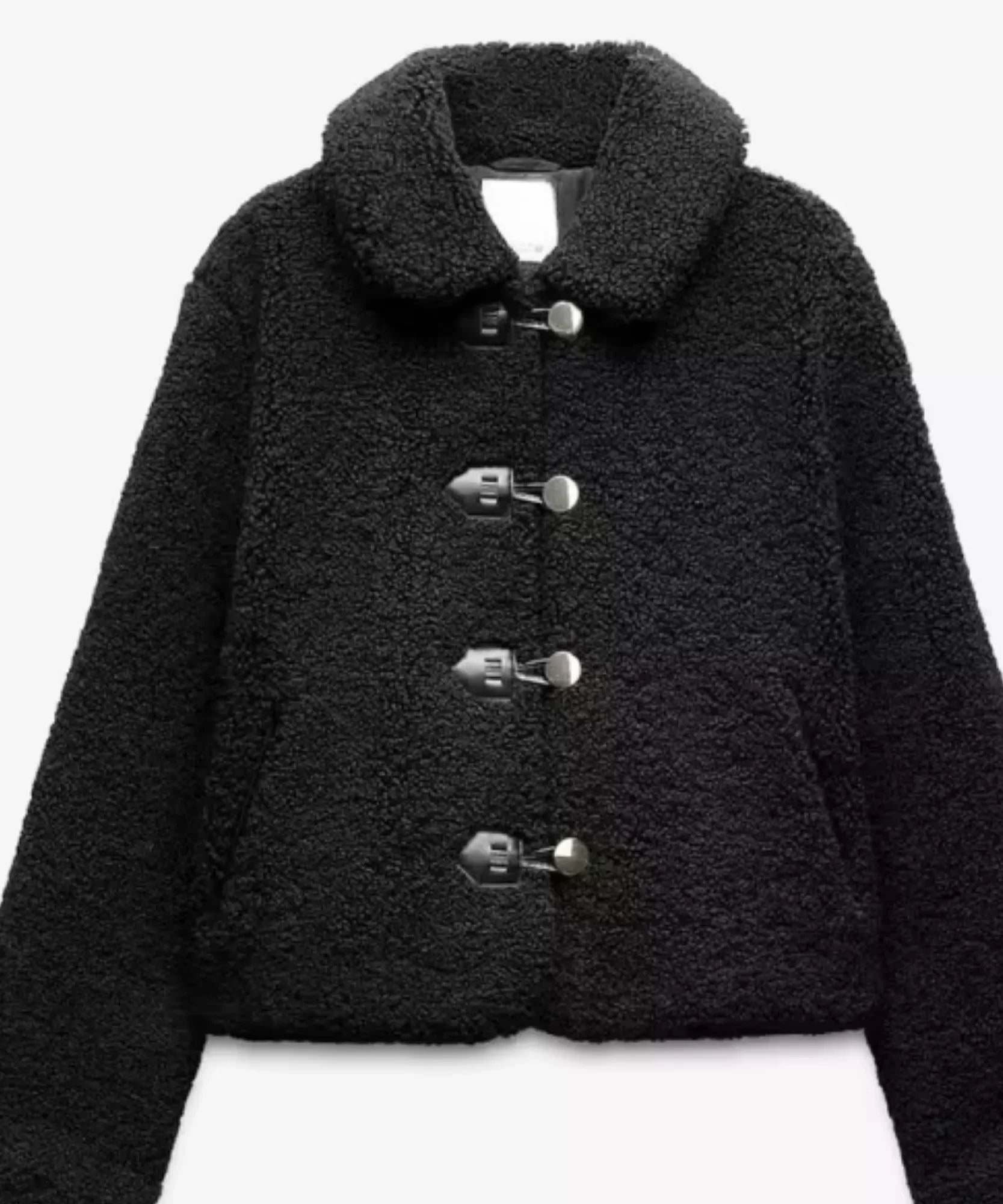 Women's teddy coat in black, detail view
