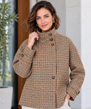 Women's houndstooth jacket in brown with buttoned funnel neck