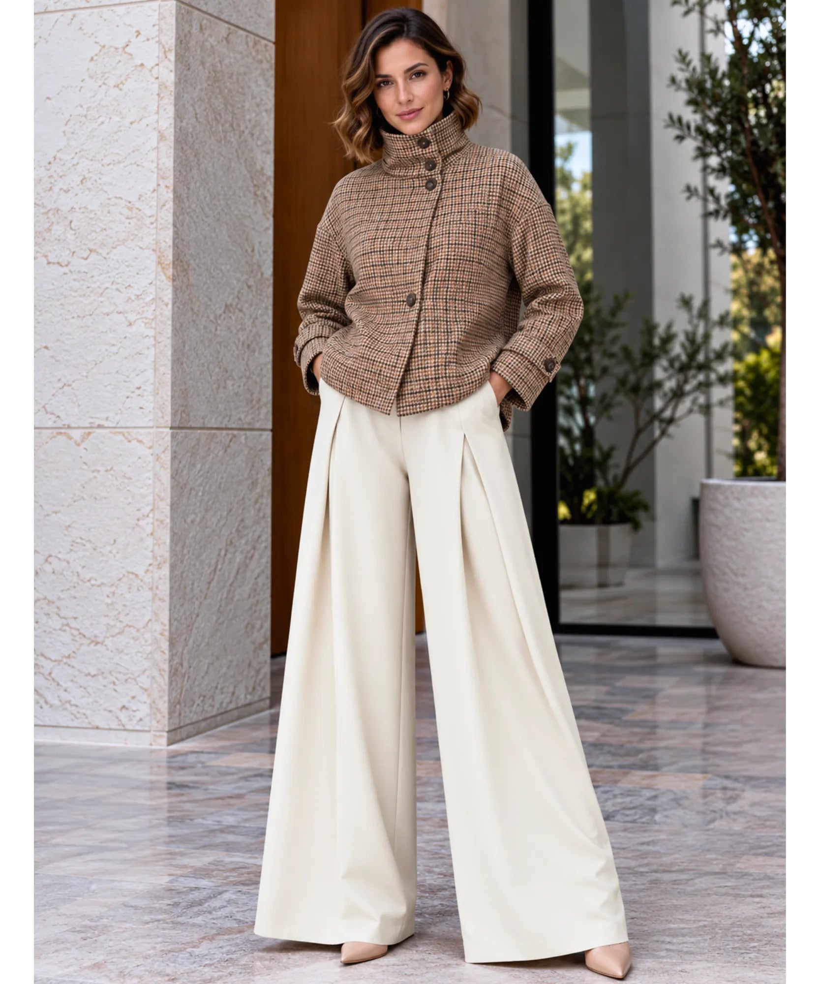 Women's houndstooth jacket in brown, full winter outfit with trousers