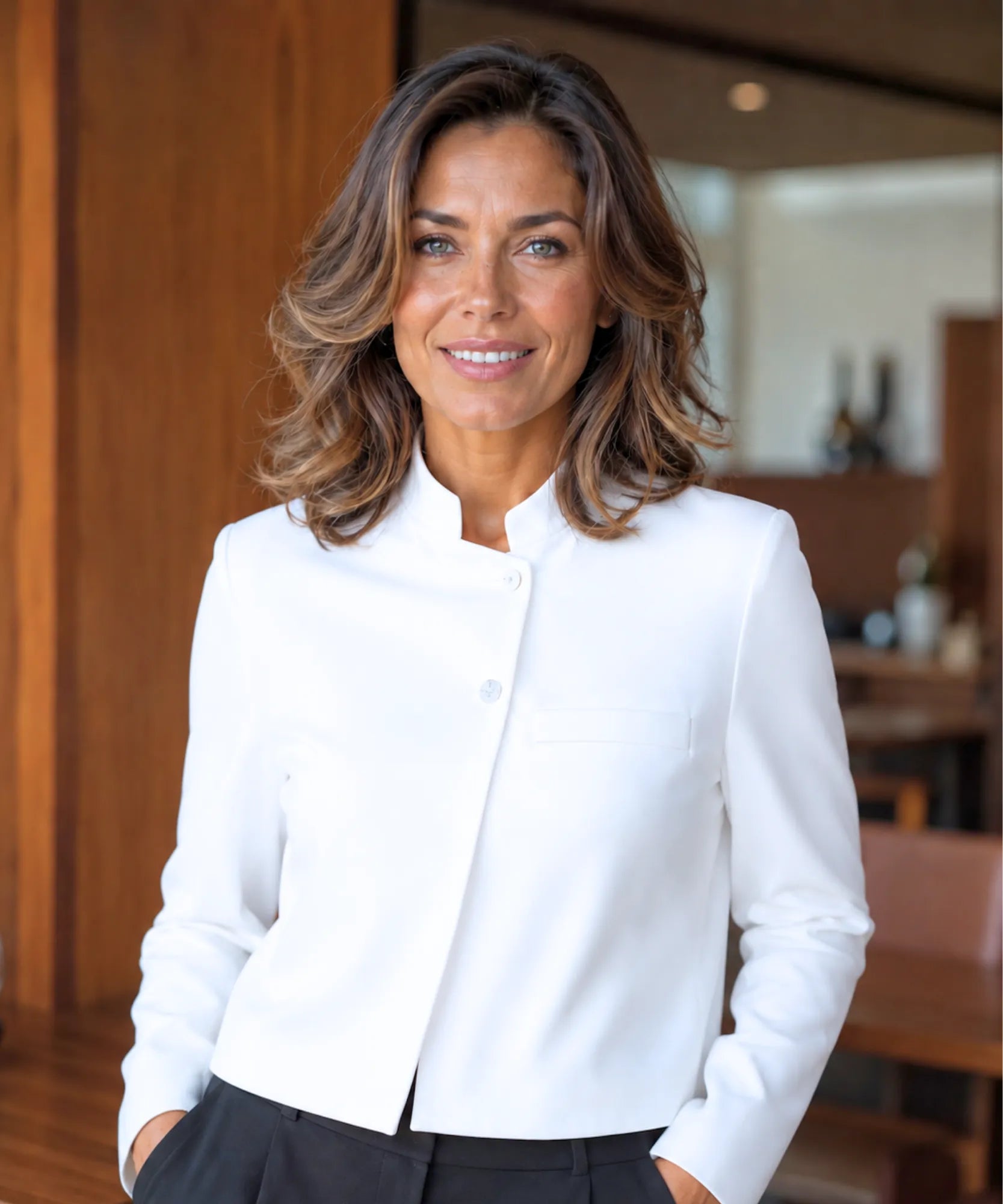 White mandarin collar blazer, front view with black tailored pants