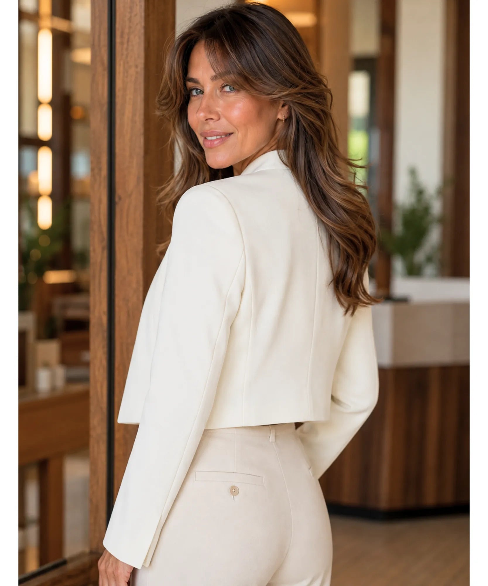 Ivory tailored cropped blazer with a smooth back