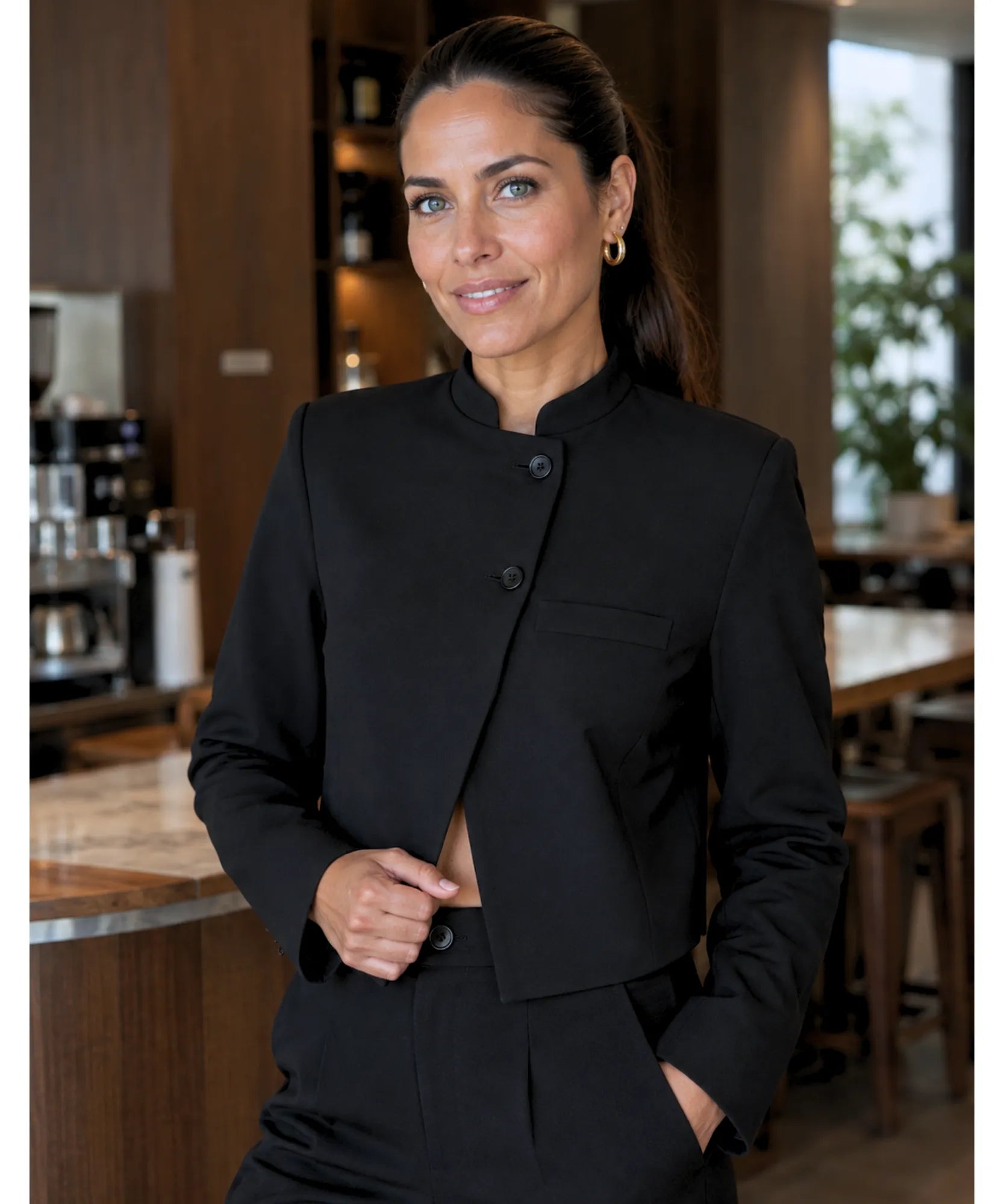 Black mandarin collar blazer, front view with black pants