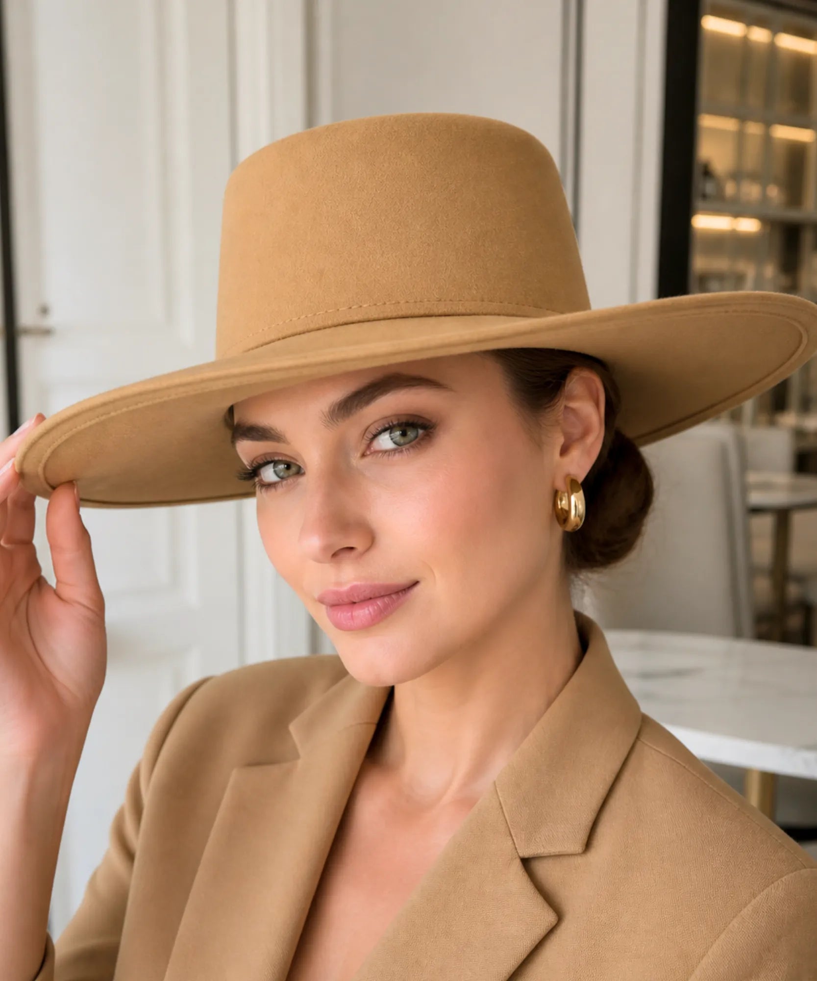 Woman wearing a Camel wide-brim gaucho hat