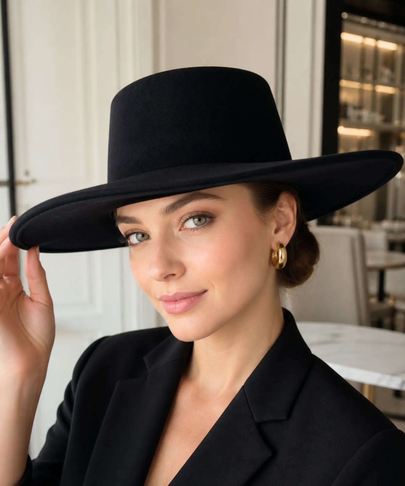 Black wide-brim gaucho hat, close-up view