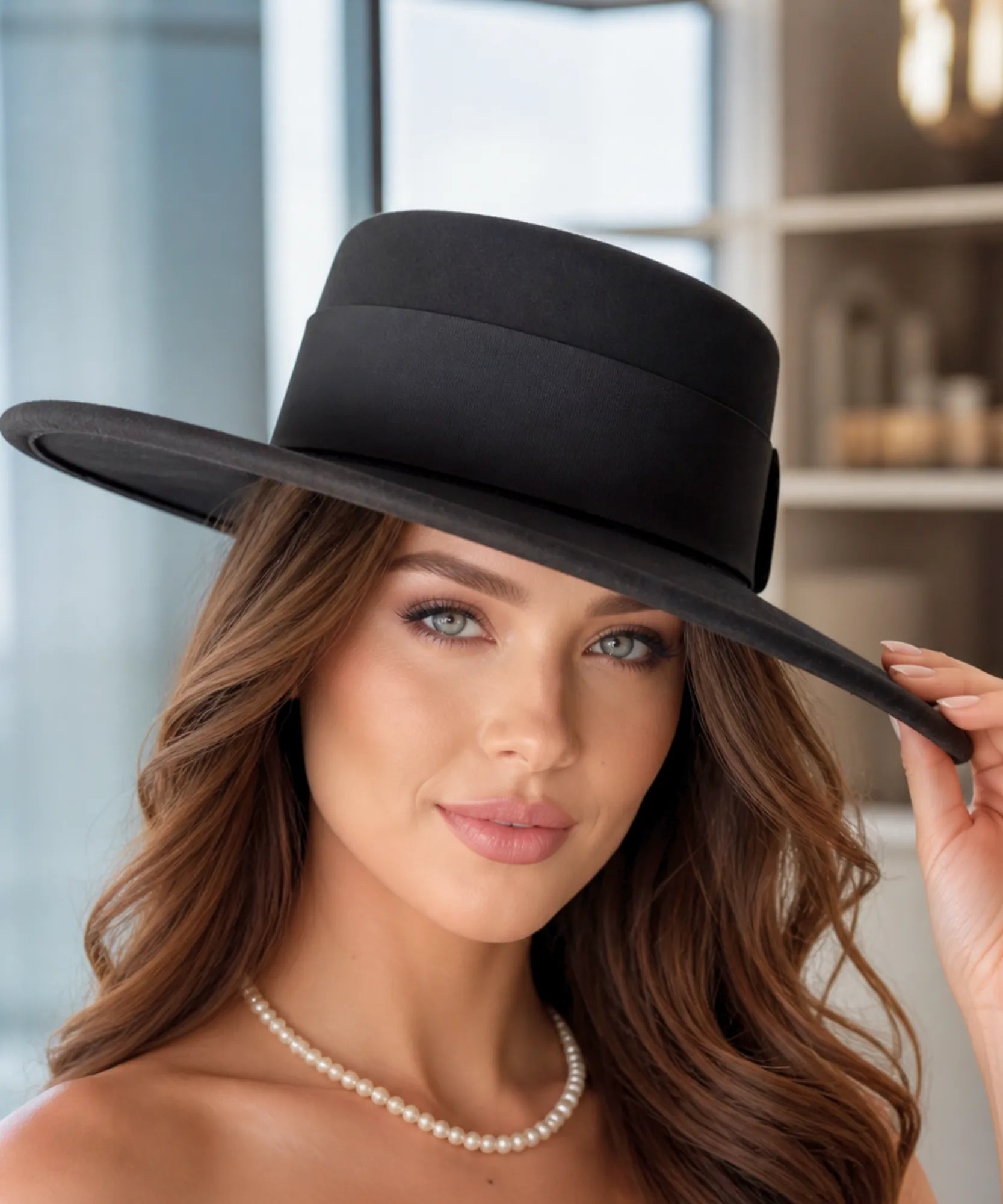 Woman wearing an Onyx wide-brim gaucho hat