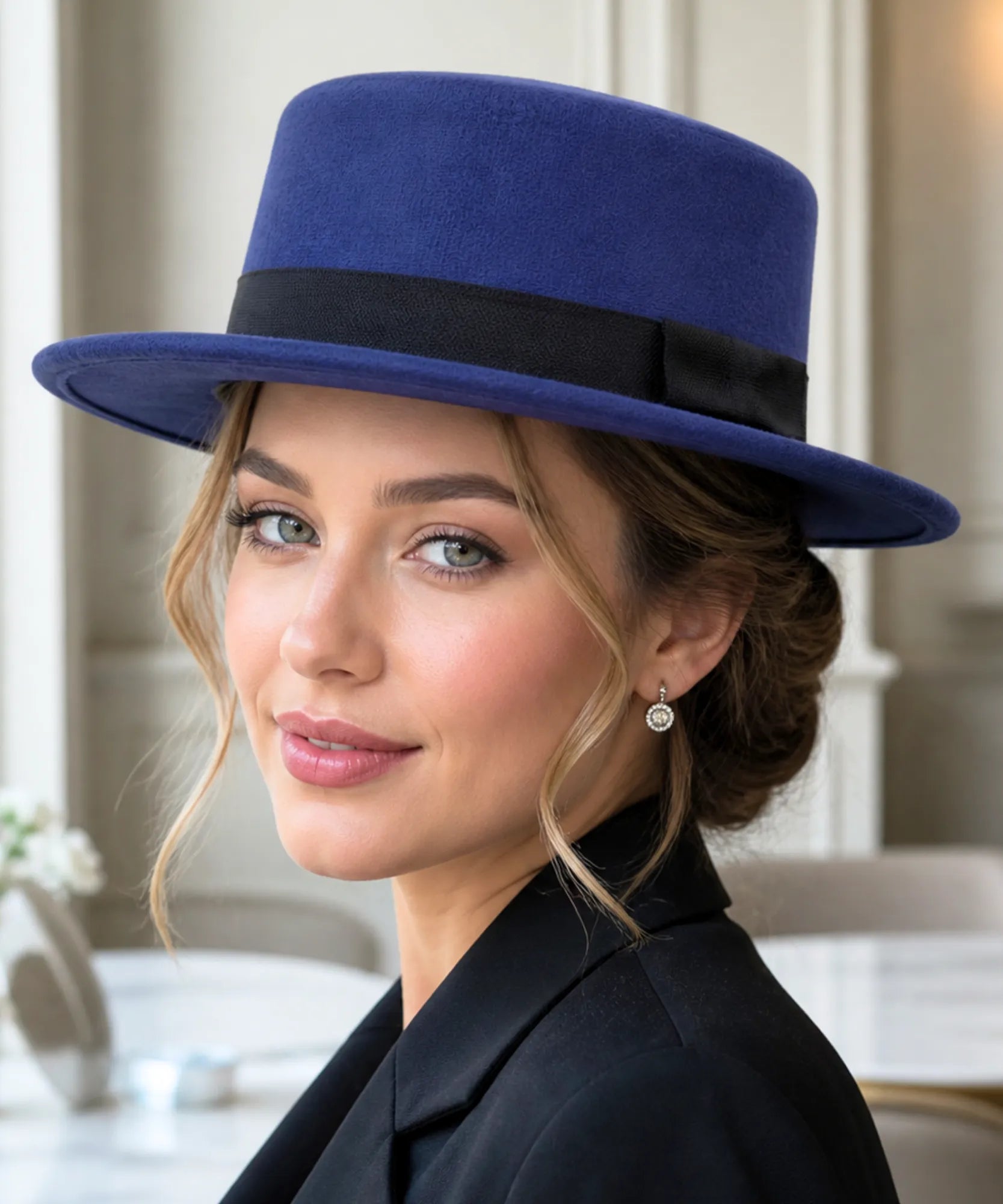 Woman wearing a Navy wool felt pork pie hat