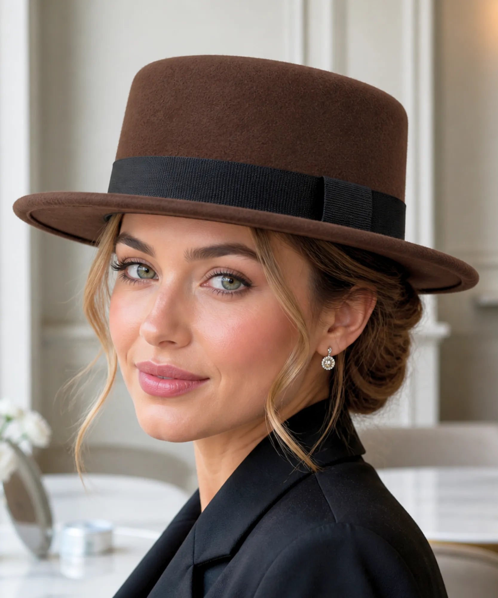 Woman wearing a Chestnut Brown wool felt pork pie hat
