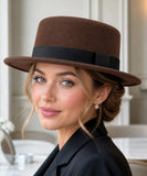 Woman wearing a Chestnut Brown wool felt pork pie hat