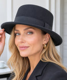 Black wool felt pork pie hat, front view