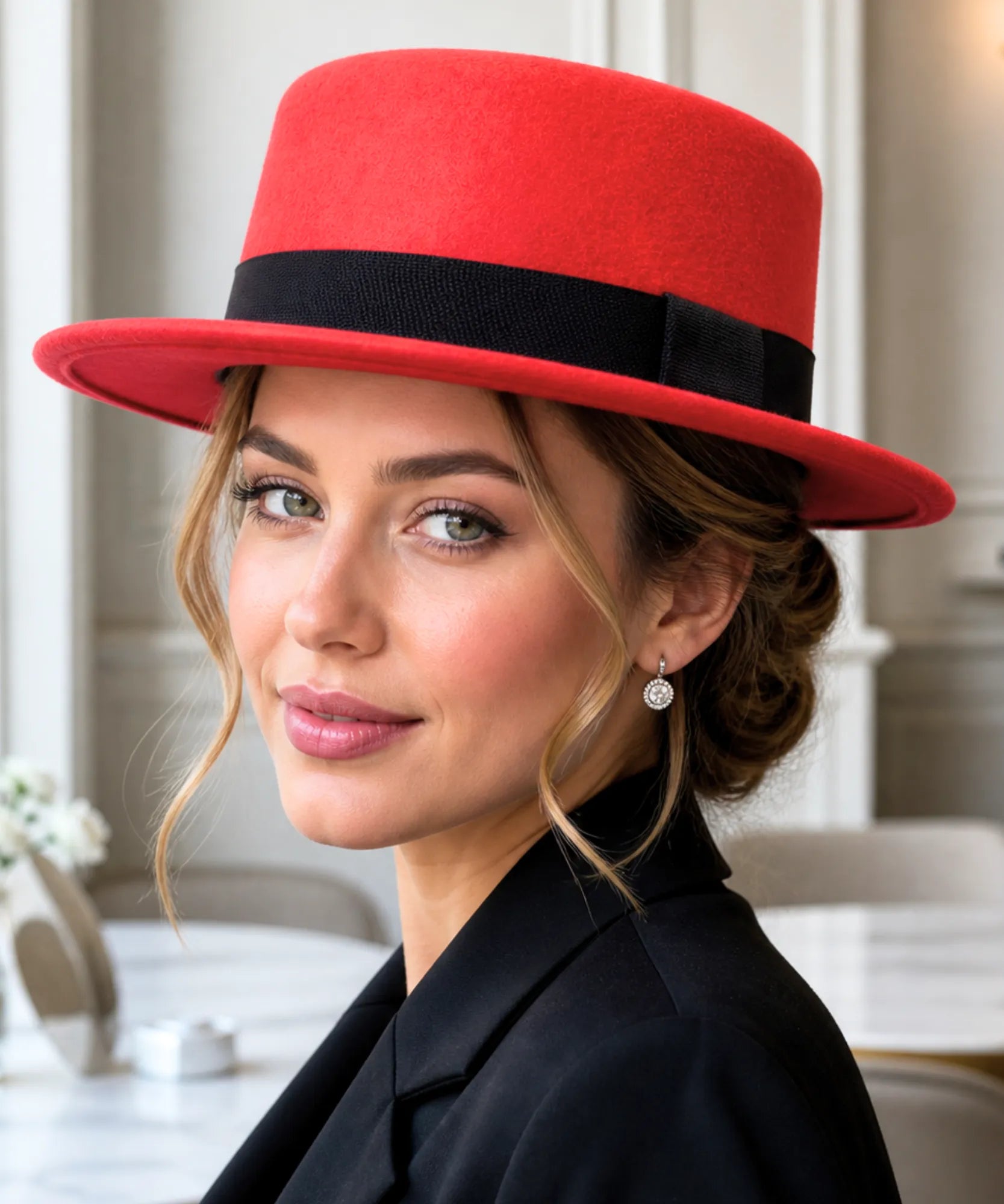 Red wool felt pork pie hat, close-up view