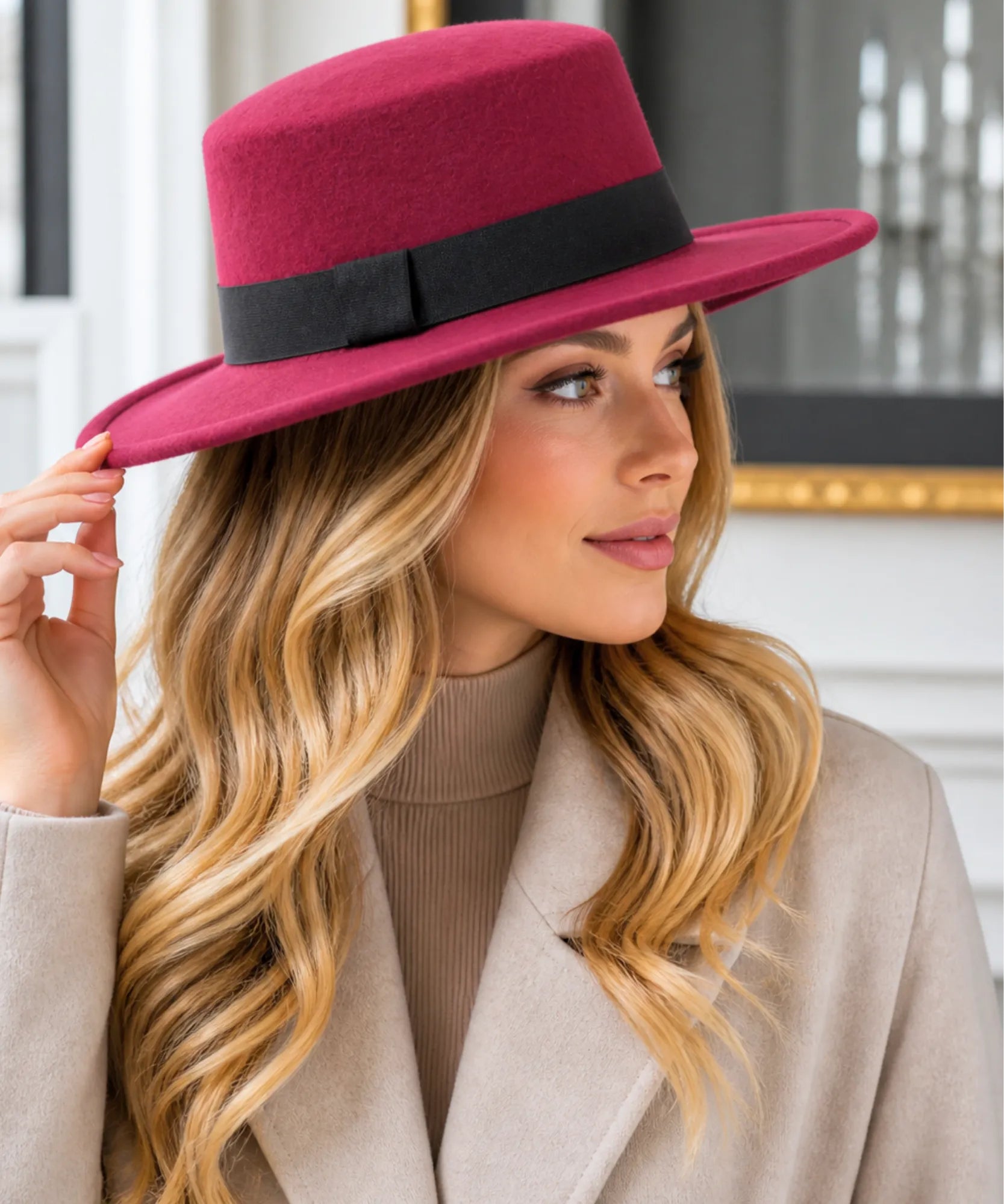 Woman wearing a Burgundy wool felt pork pie hat