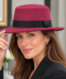 Burgundy wool felt pork pie hat, close-up view